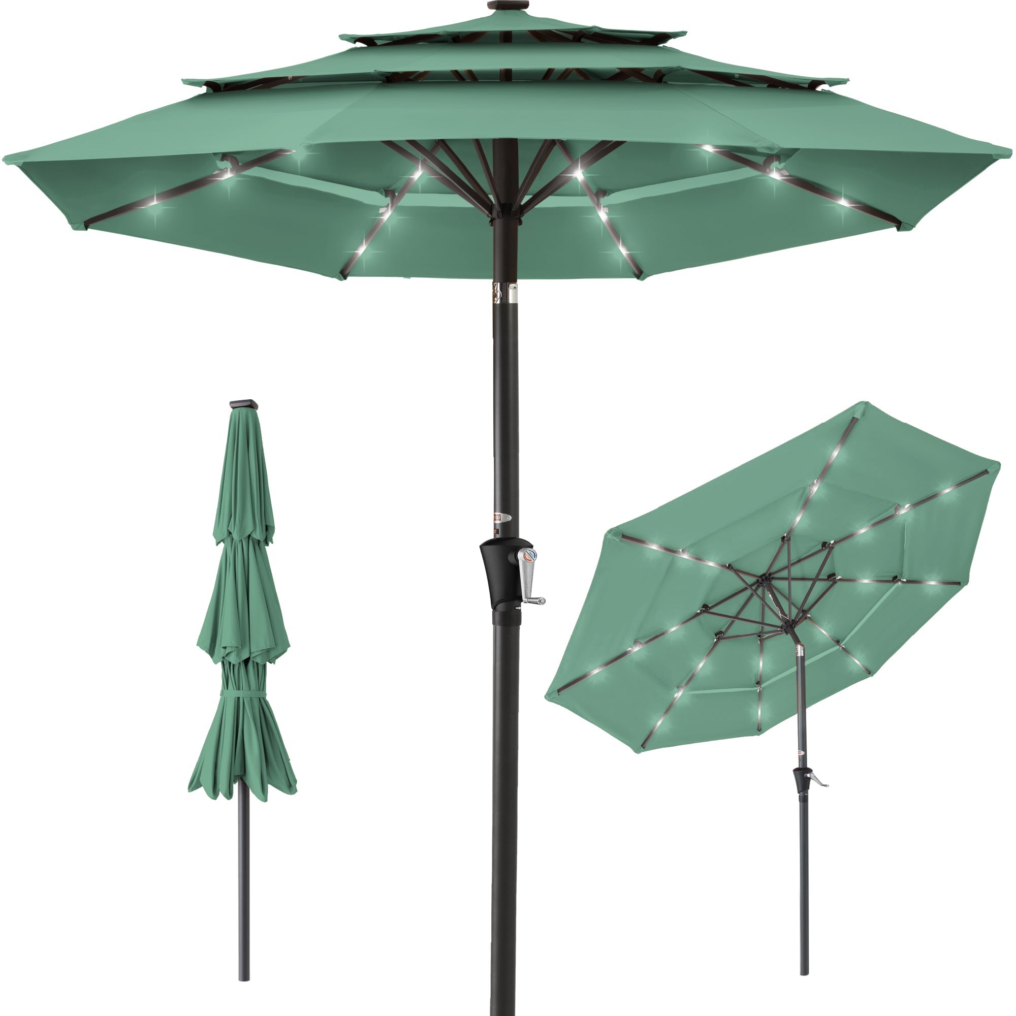 3-Tier Solar Patio Umbrella w/ LED Lights, Tilt Adjustment, Crank - 10ft - Seaglass