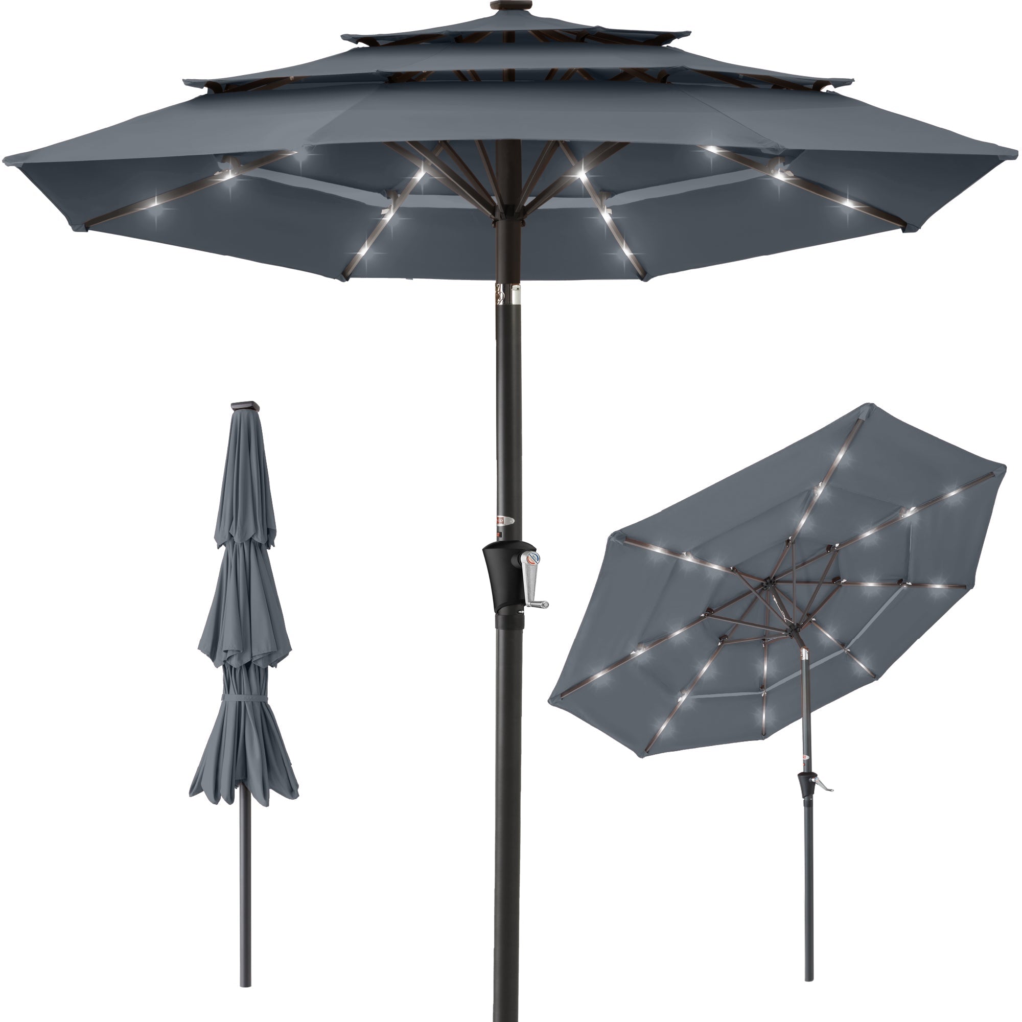 3-Tier Solar Patio Umbrella w/ LED Lights, Tilt Adjustment, Crank - 10ft - Slate