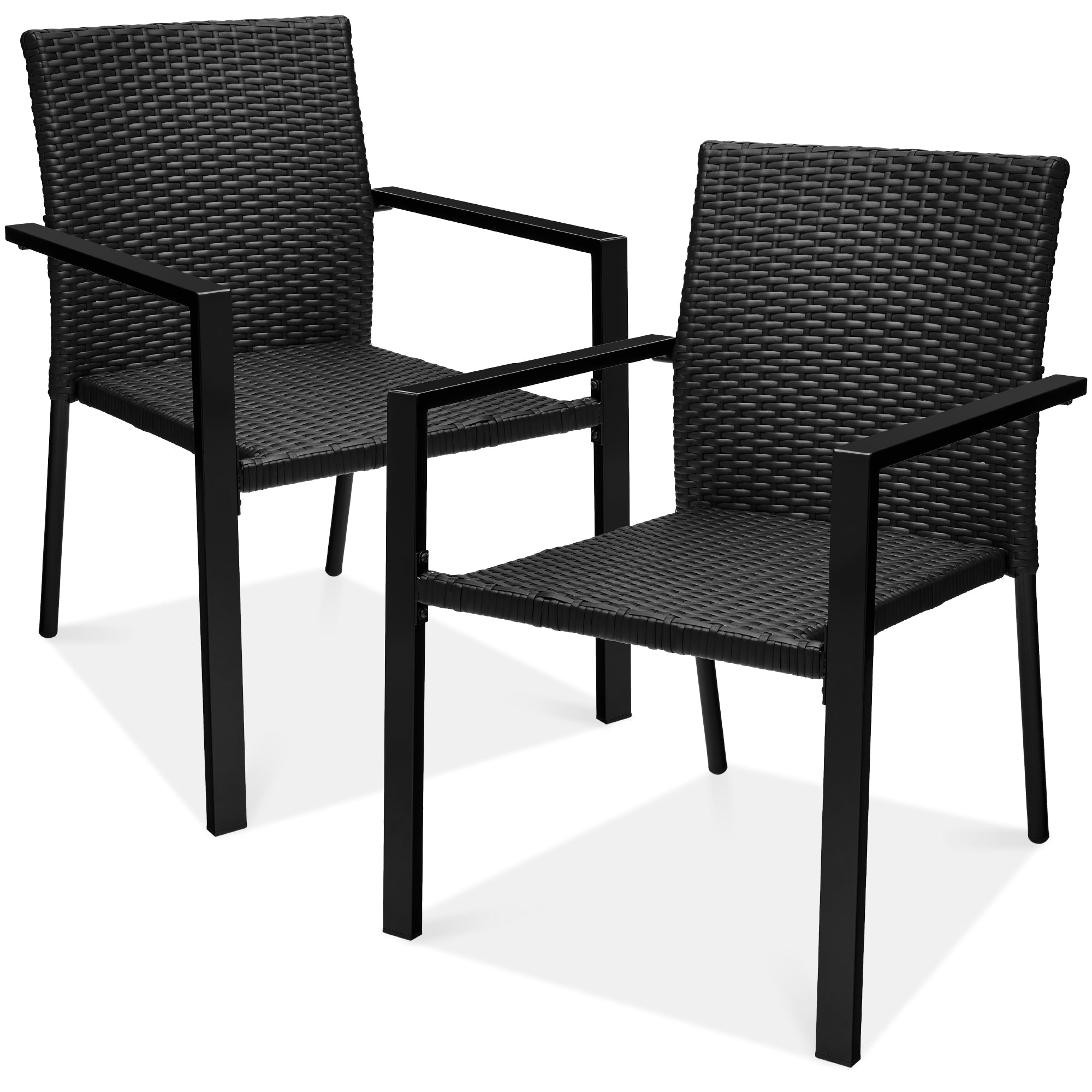 Set of 2 Stackable Wicker Chairs w/ Armrests, Steel Accent Furniture - Black