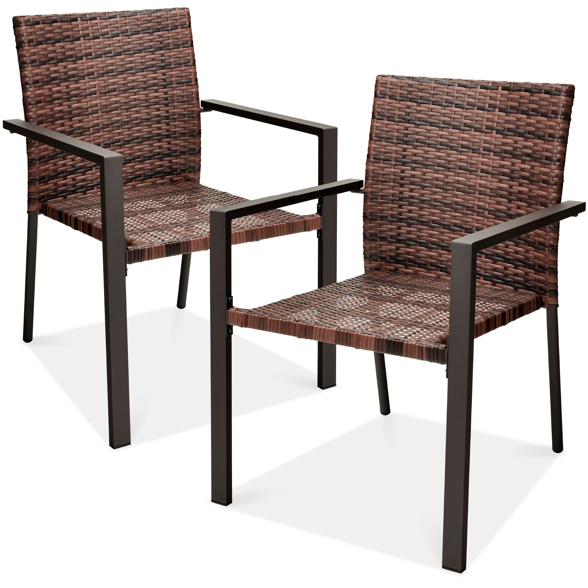 Set of 2 Stackable Wicker Chairs w/ Armrests, Steel Accent Furniture - Light Brown