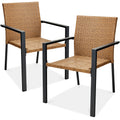 Set of 2 Stackable Wicker Chairs w/ Armrests, Steel Accent Furniture - Natural