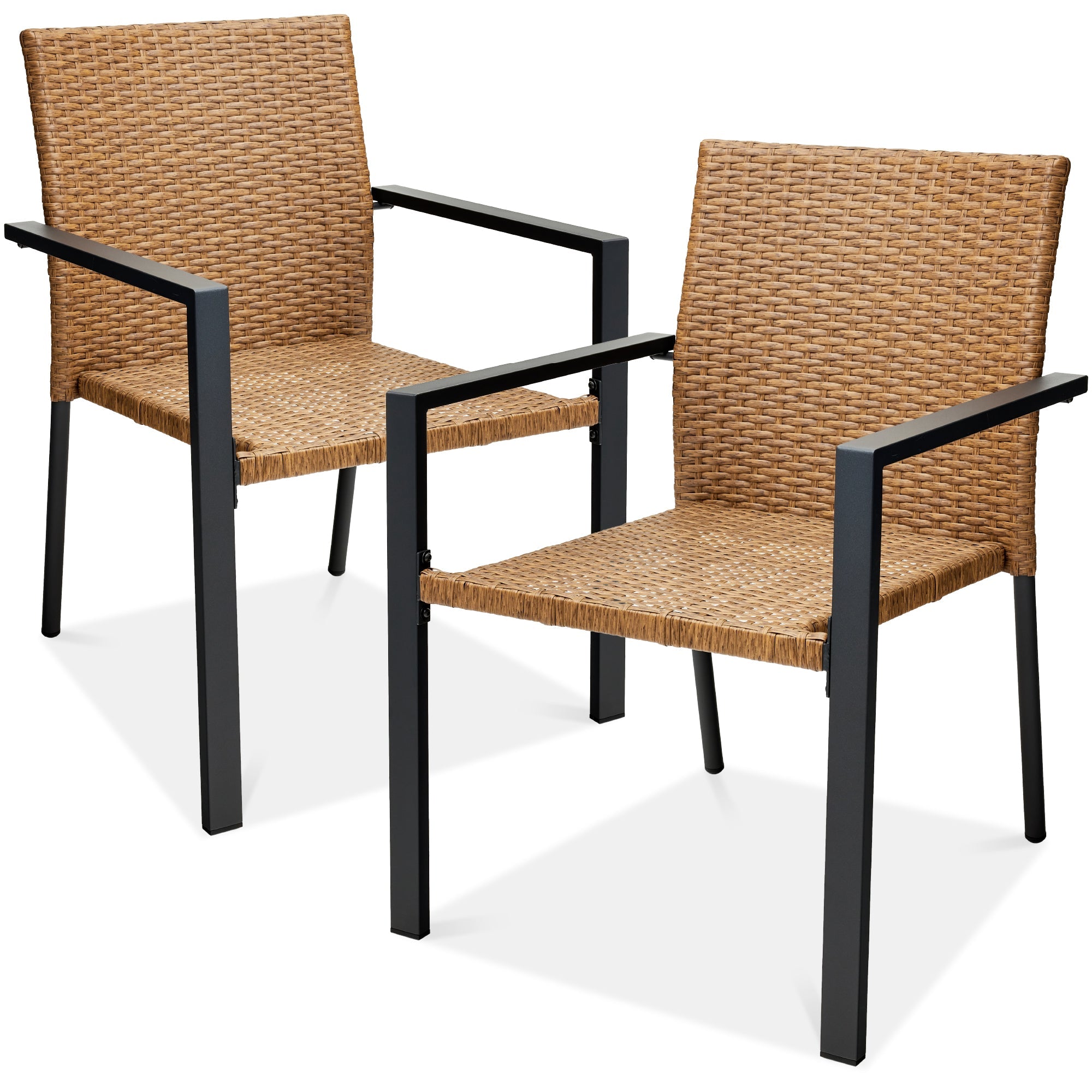 Set of 2 Stackable Wicker Chairs w/ Armrests, Steel Accent Furniture - Natural