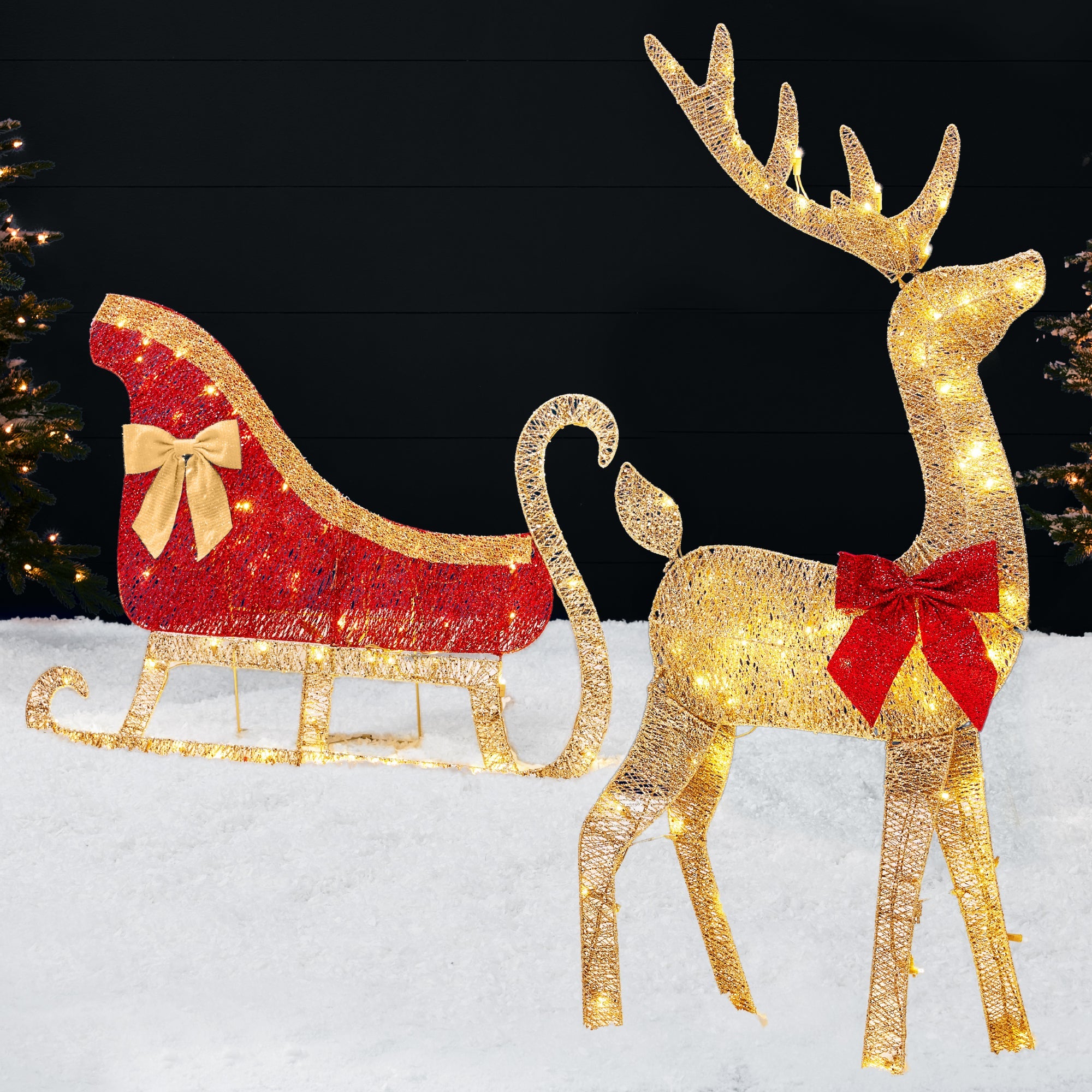 Lighted 2D Outdoor Christmas Reindeer & Sleigh Set w/ Warm White LED Lights - Gold