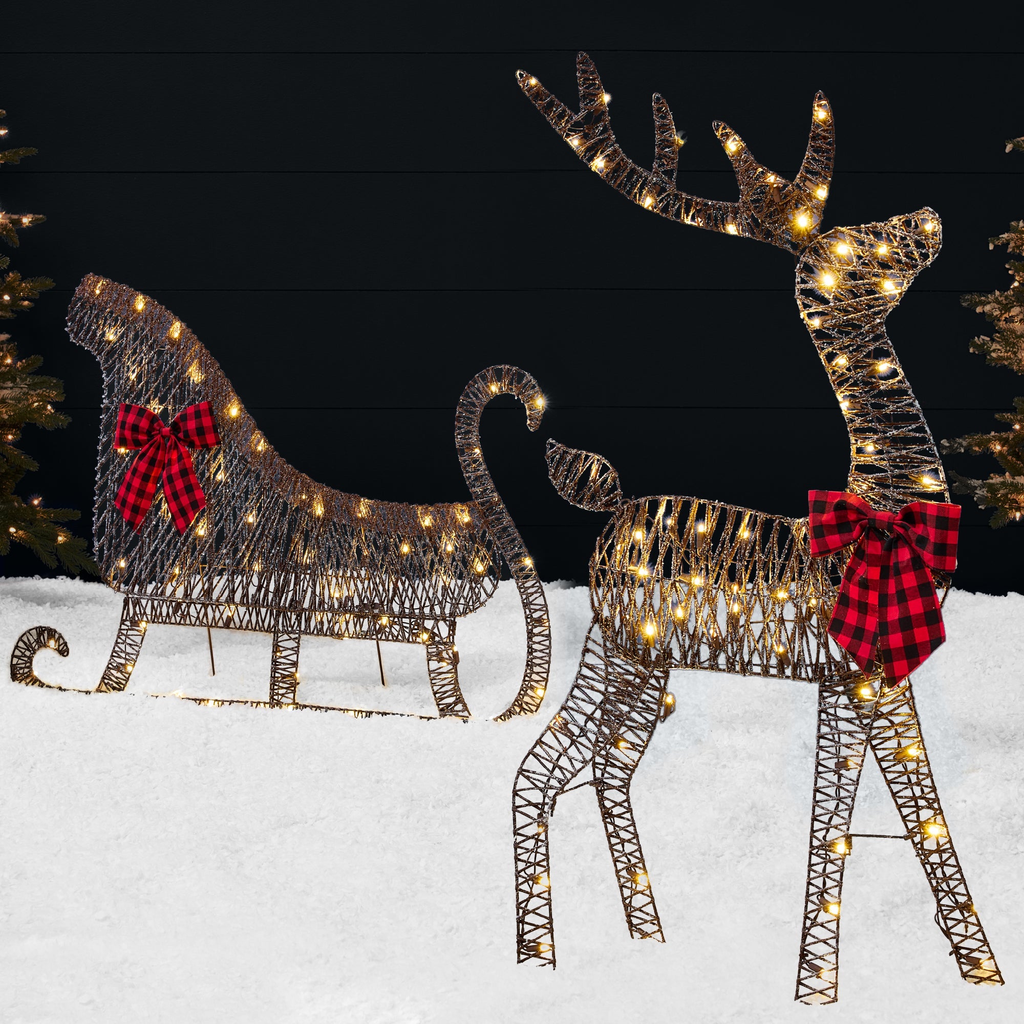 Lighted 2D Outdoor Christmas Reindeer & Sleigh Set w/ Warm White LED Lights - Rattan