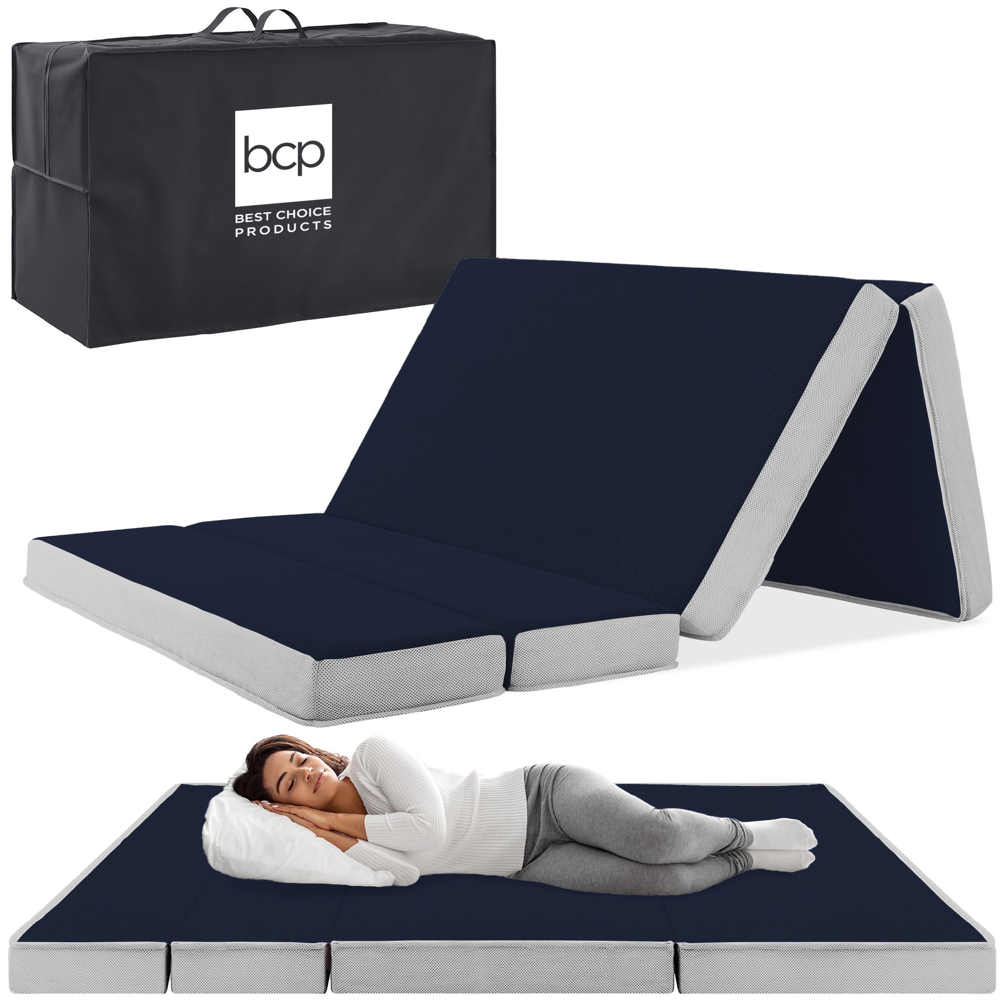 Folding Portable Midnight Blue Mattress Topper w/ Plush Foam - 4in - Queen