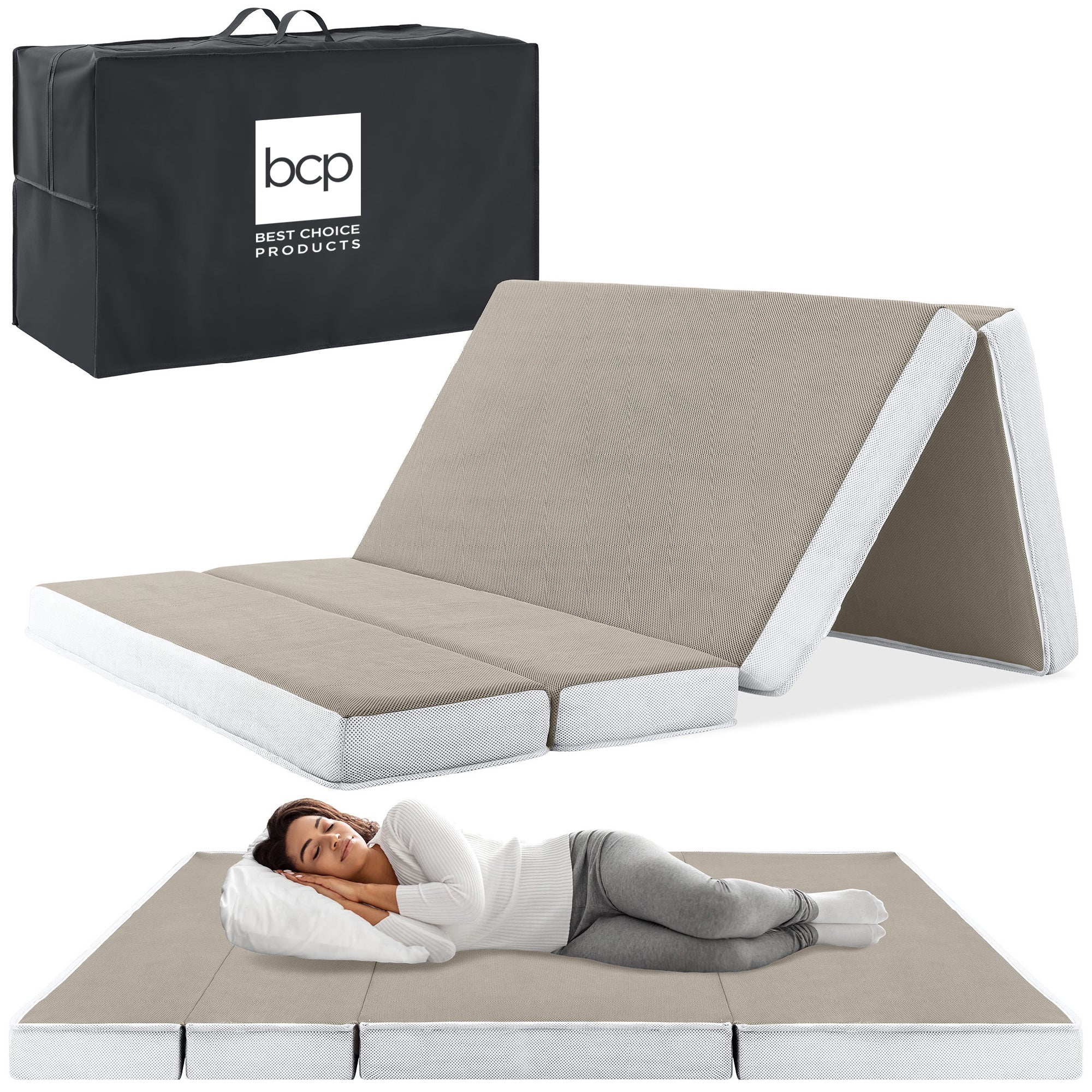 Folding Portable Taupe Mattress Topper w/ Plush Foam - 4in - Full