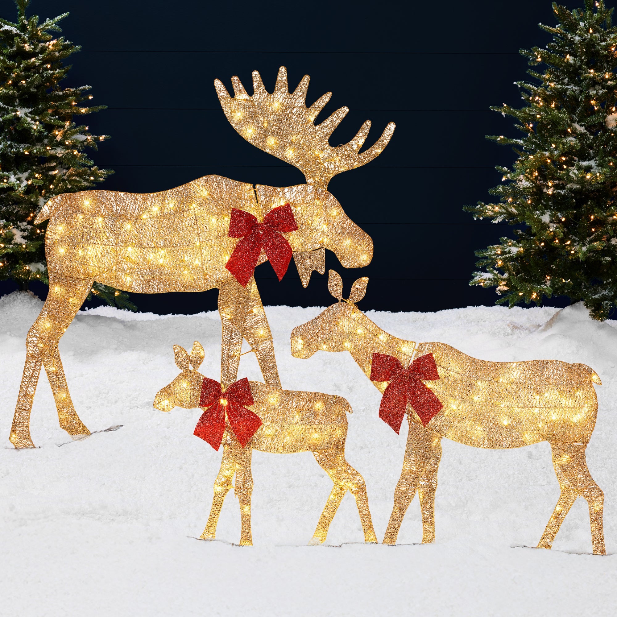 3-Piece Lighted 2D Christmas Moose Set Outdoor Decor w/ 195 LED Lights - 4ft - Gold