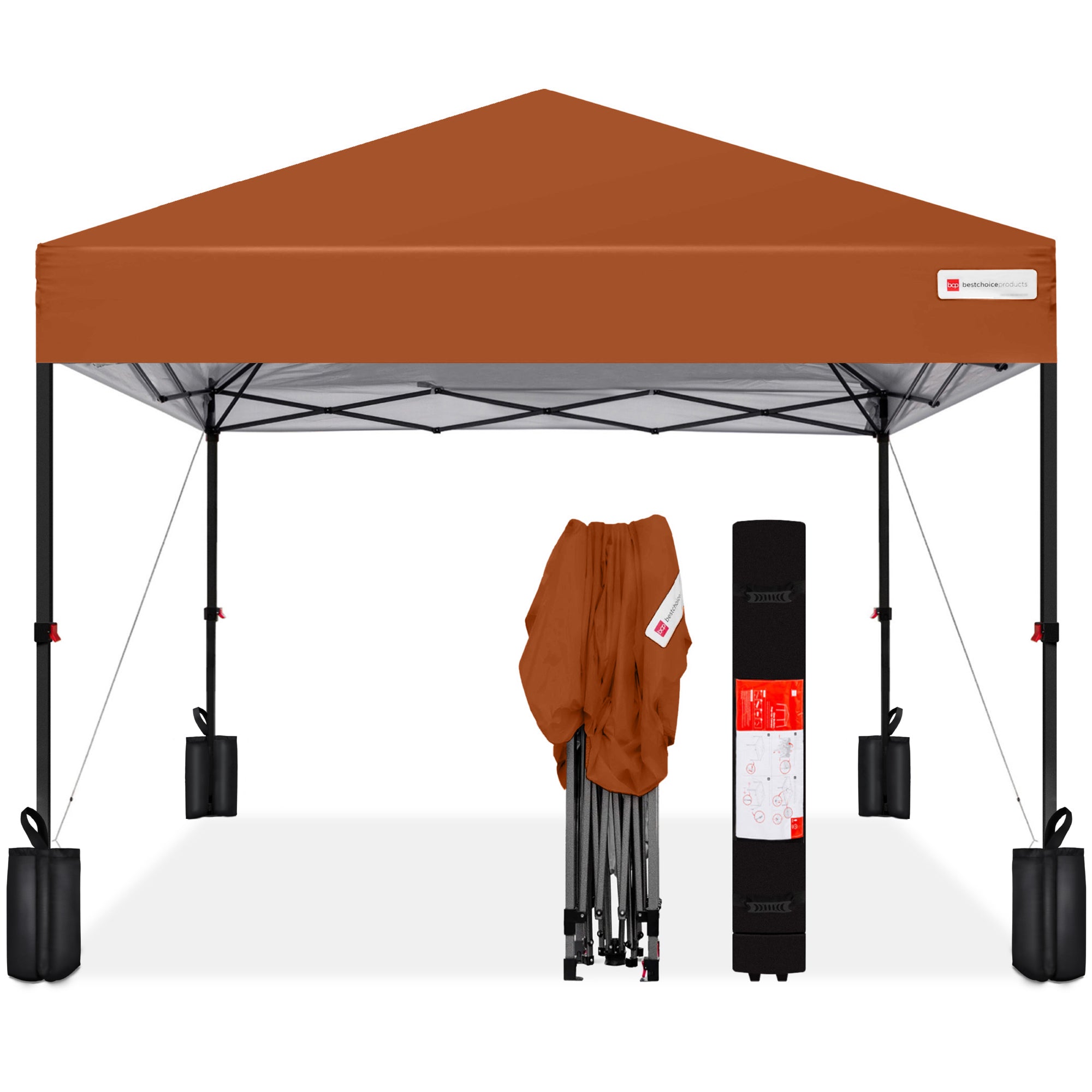 One-Person Setup Instant Pop Up Canopy w/ Case, 4 Weight Bags - 8x8ft - Rust