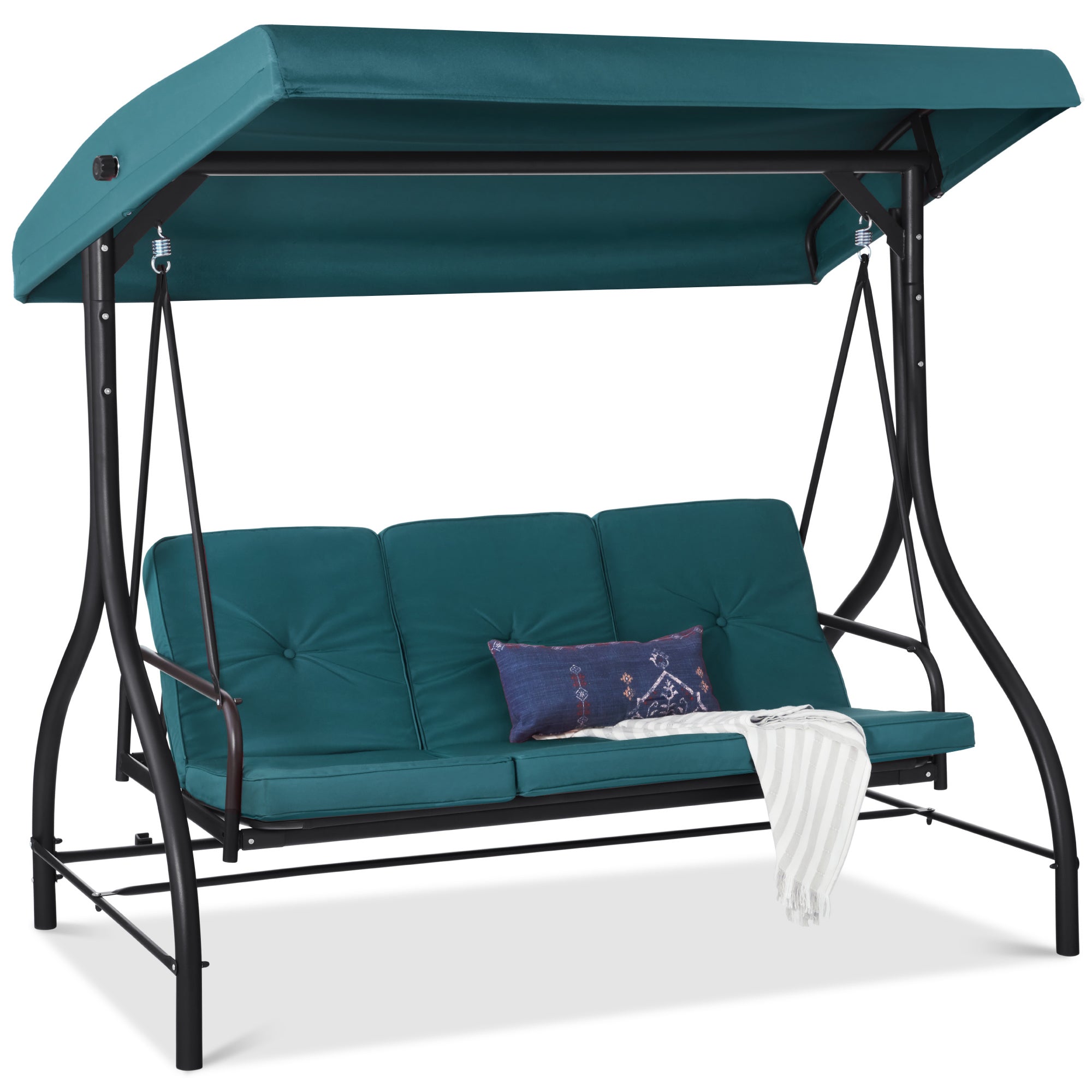 3-Seat Outdoor Canopy Swing Glider Furniture w/ Converting Flatbed Backrest - Peacock