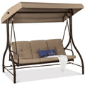 3-Seat Outdoor Canopy Swing Glider Furniture w/ Converting Flatbed Backrest - Desert Taupe