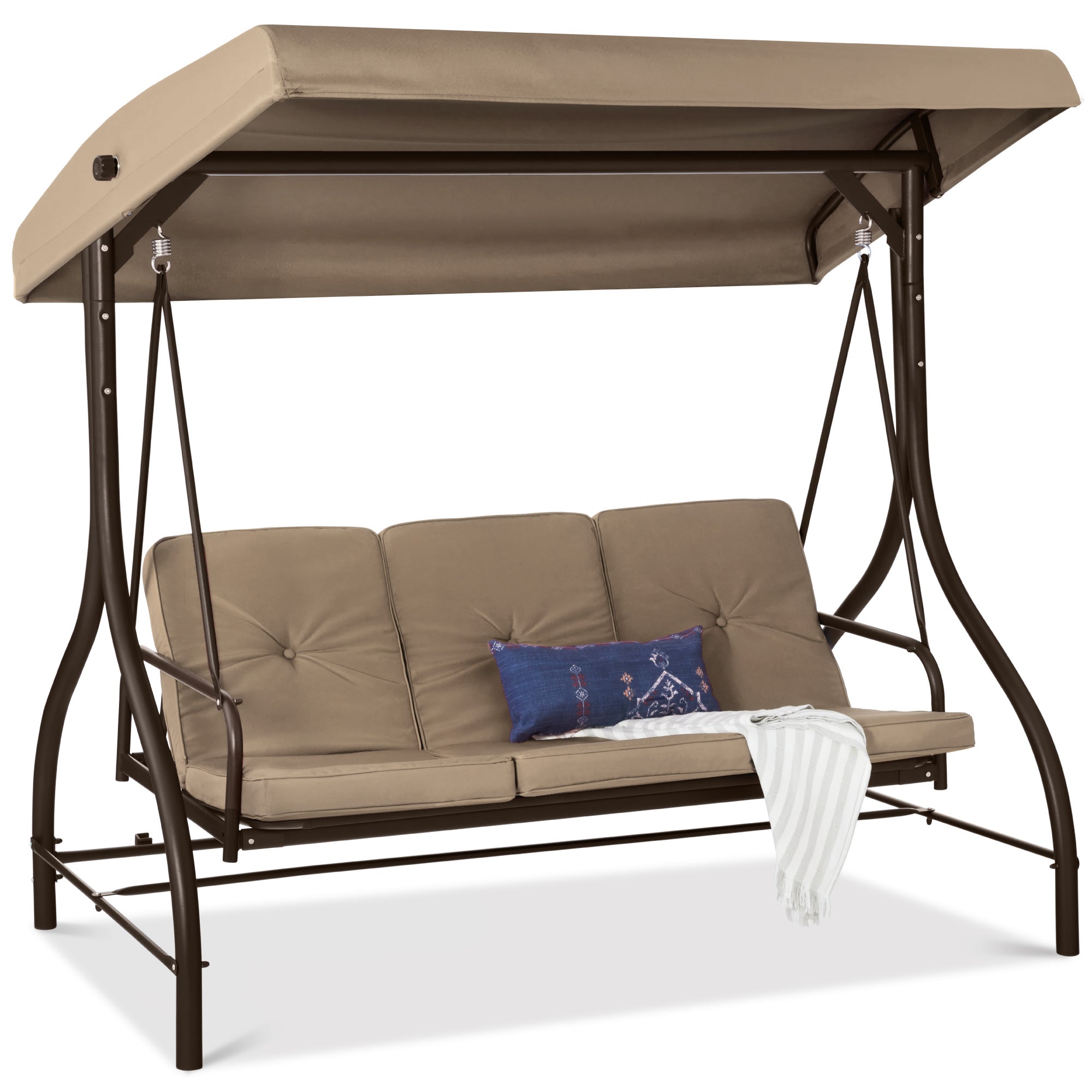3-Seat Outdoor Canopy Swing Glider Furniture w/ Converting Flatbed Backrest - Desert Taupe