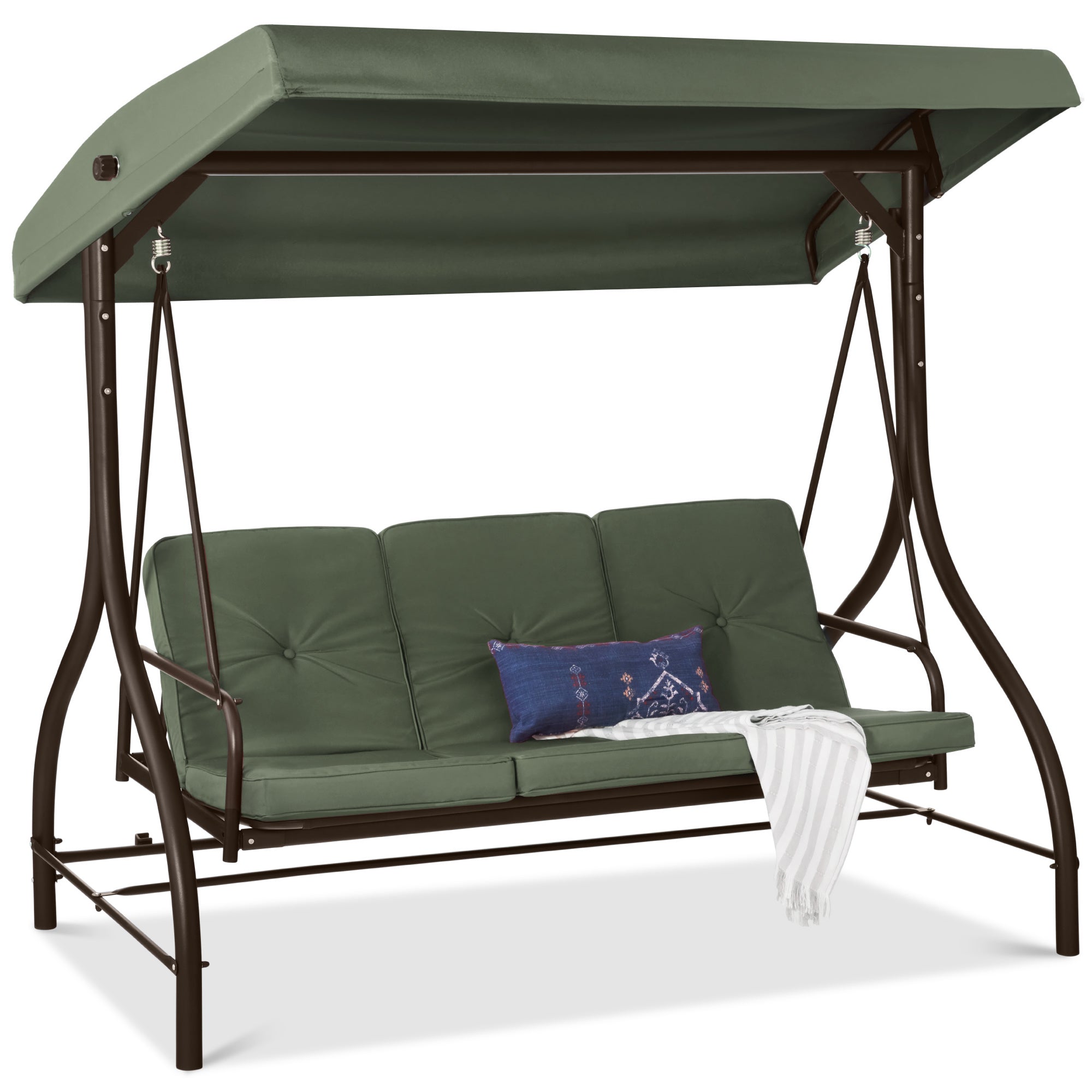3-Seat Outdoor Canopy Swing Glider Furniture w/ Converting Flatbed Backrest - Midnight Green