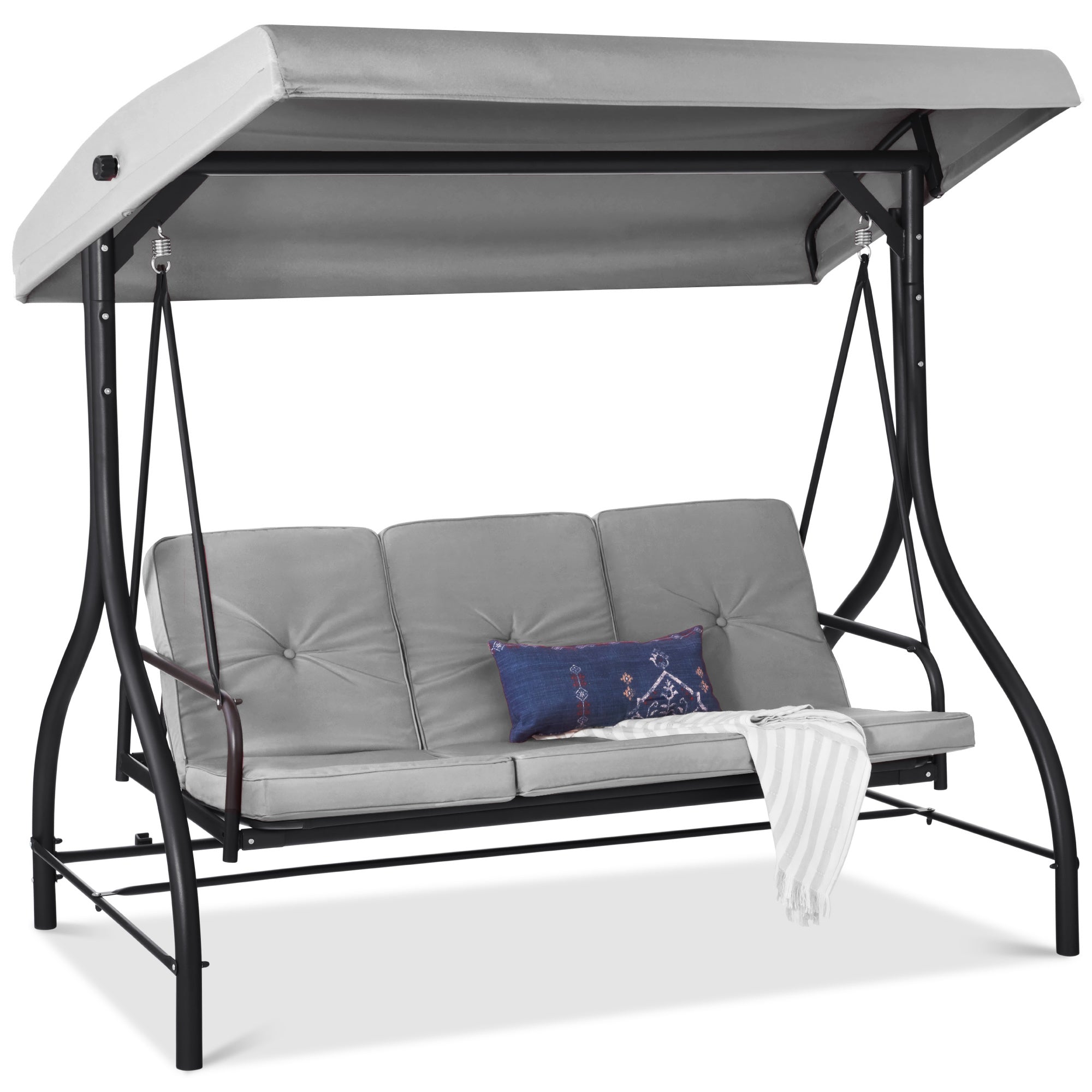 3-Seat Outdoor Canopy Swing Glider Furniture w/ Converting Flatbed Backrest - Fog Gray