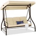 3-Seat Outdoor Canopy Swing Glider Furniture w/ Converting Flatbed Backrest - Ivory