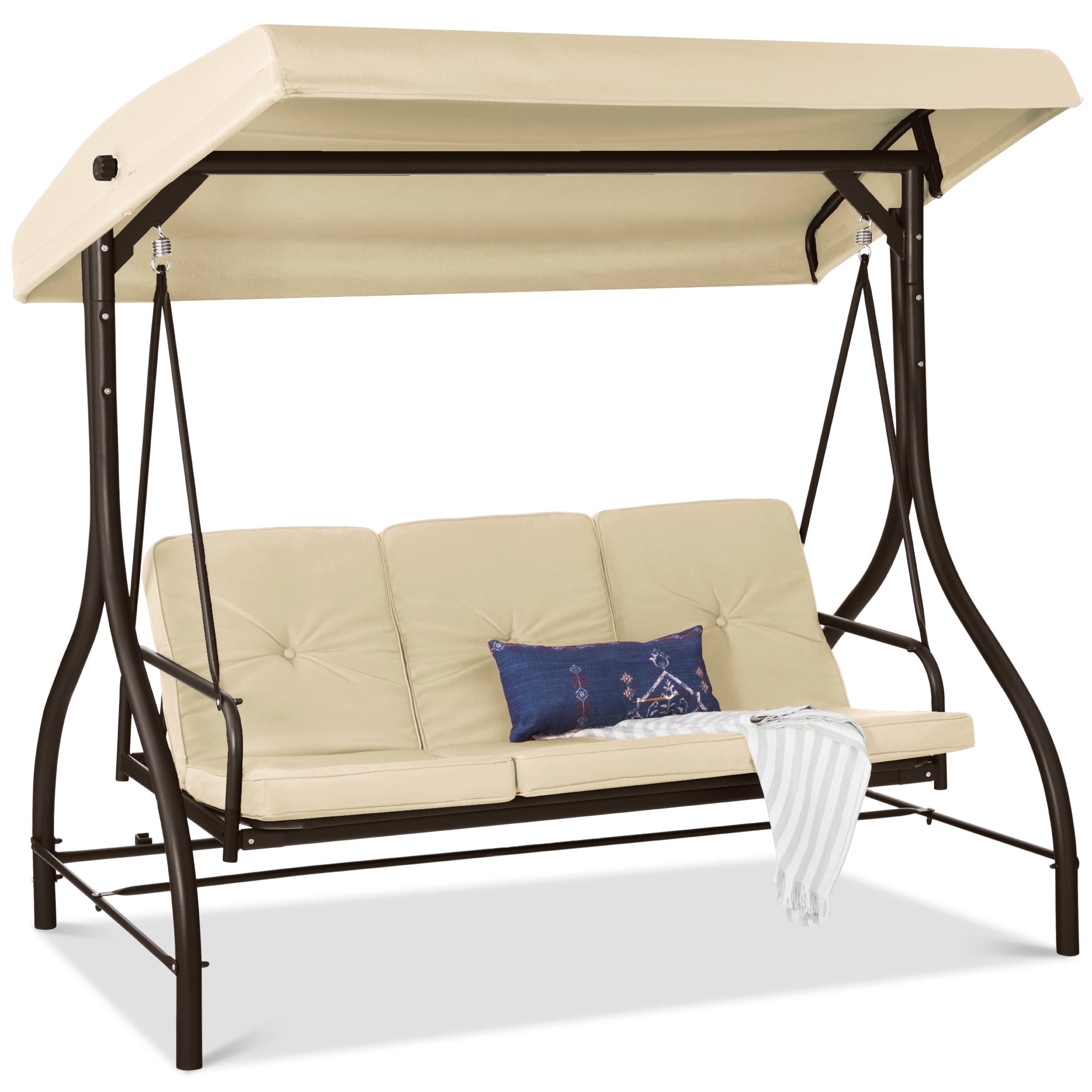 3-Seat Outdoor Canopy Swing Glider Furniture w/ Converting Flatbed Backrest - Ivory
