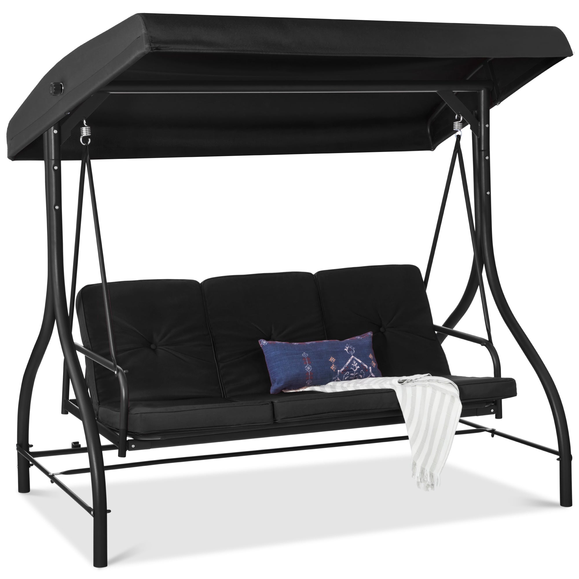 3-Seat Outdoor Canopy Swing Glider Furniture w/ Converting Flatbed Backrest - Black