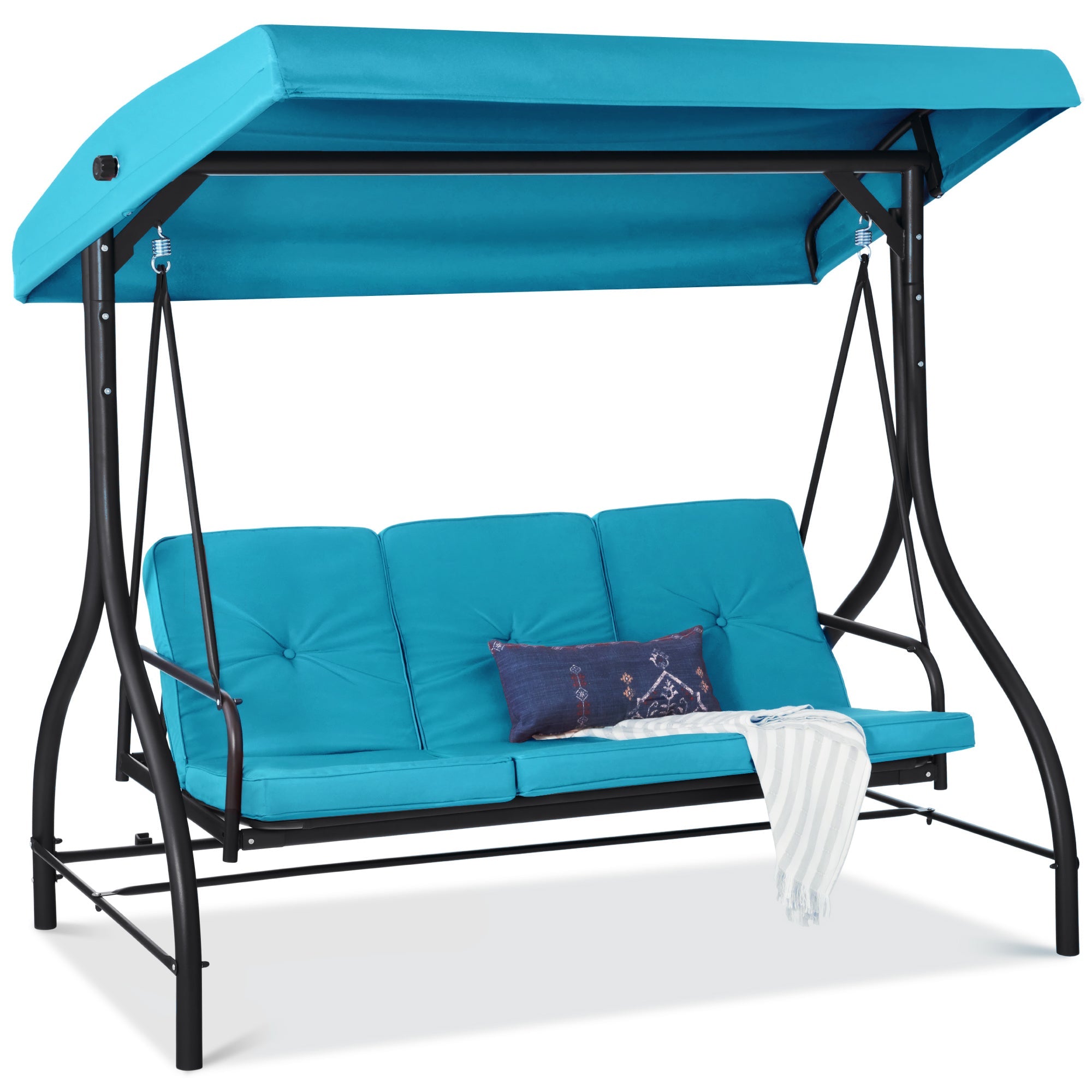 3-Seat Outdoor Canopy Swing Glider Furniture w/ Converting Flatbed Backrest - Sky Blue