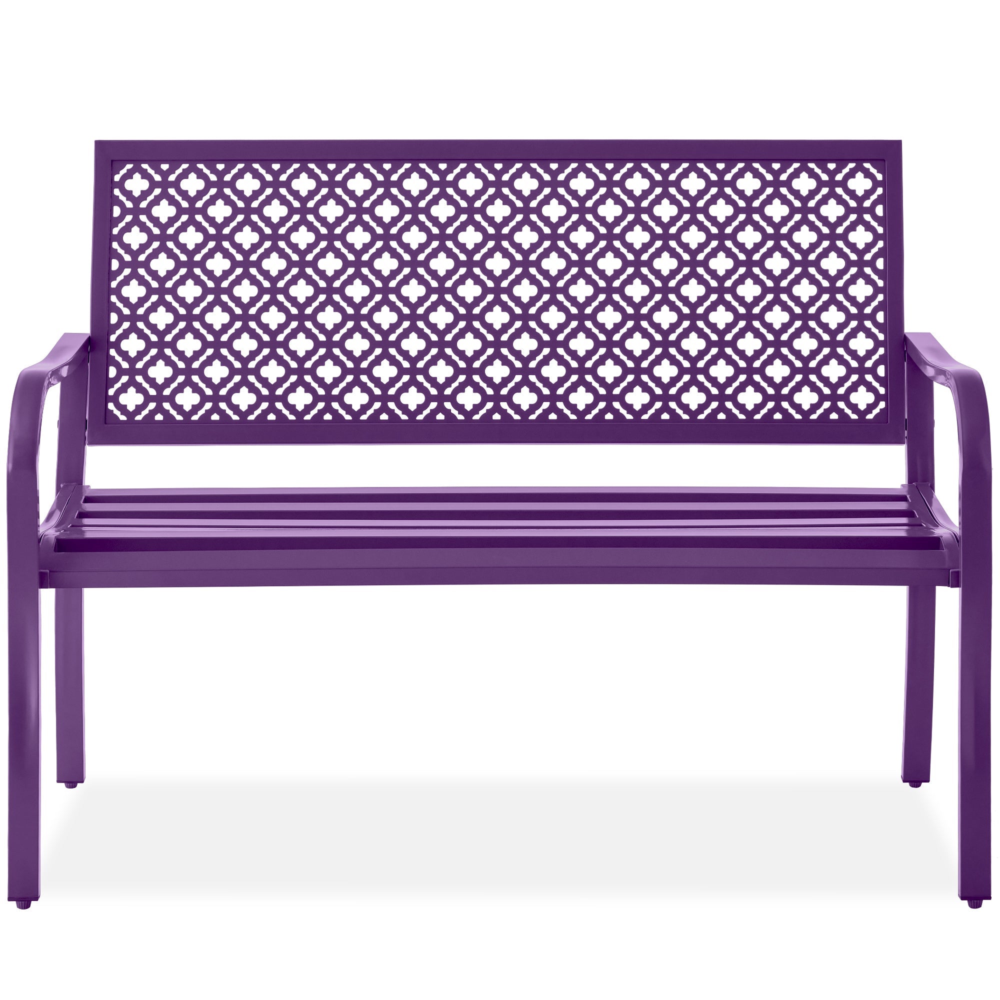 Indoor Outdoor Steel Bench w/ Geometric Backrest, Foot Levelers - Dark Purple