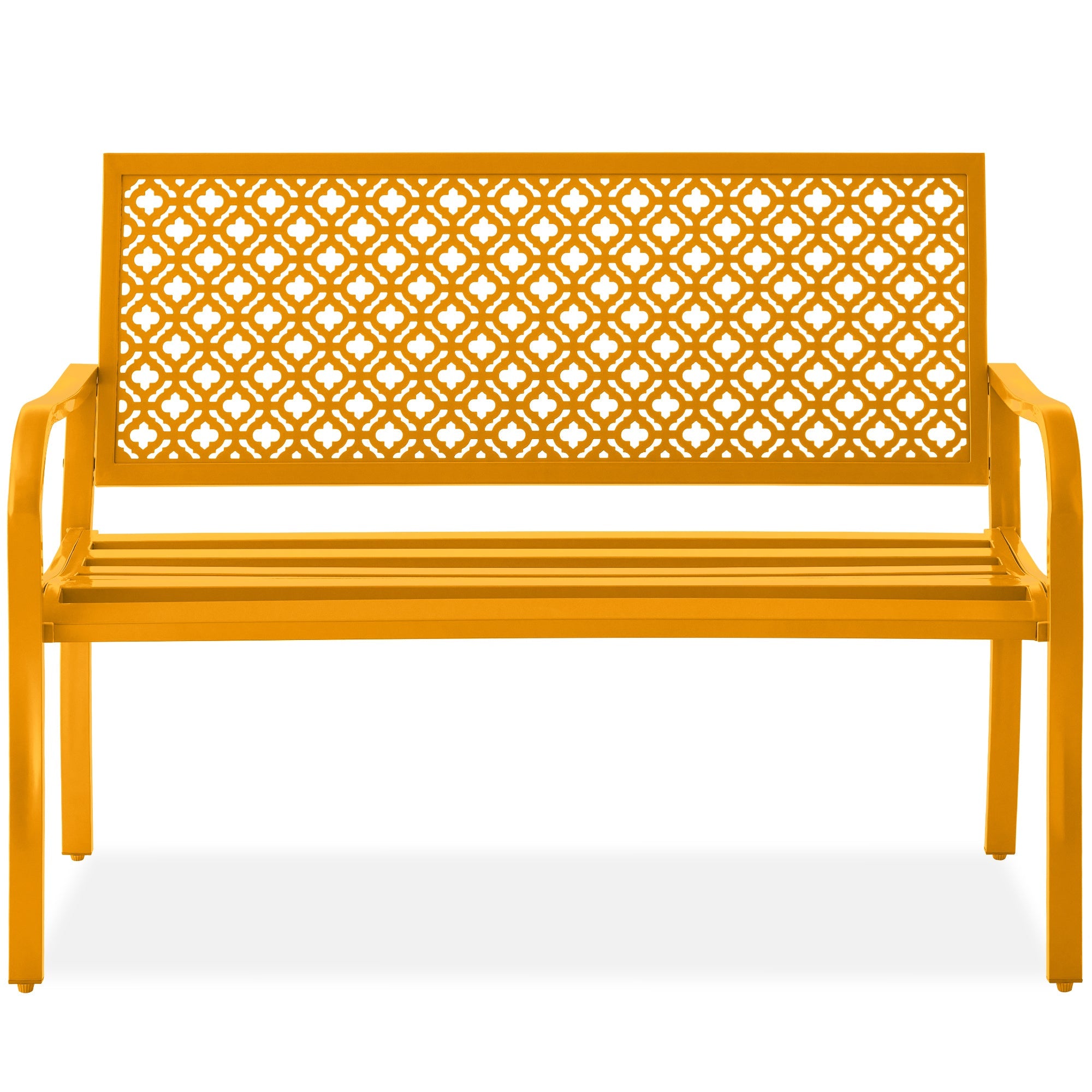 Indoor Outdoor Steel Bench w/ Geometric Backrest, Foot Levelers - Marigold