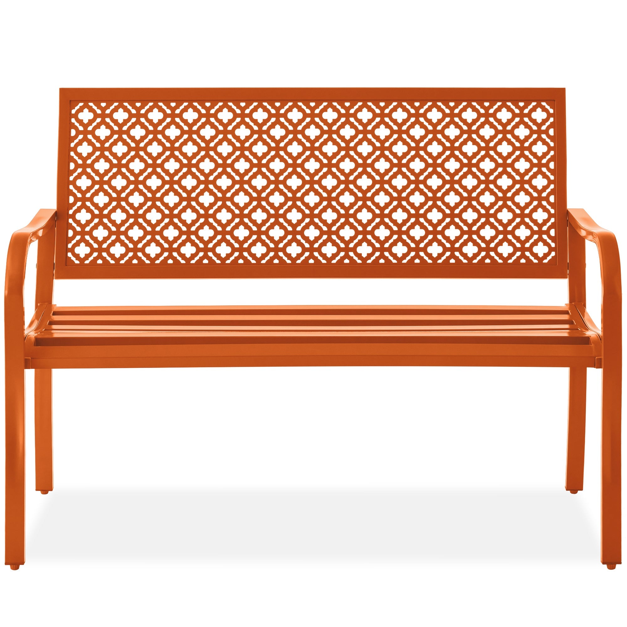 Indoor Outdoor Steel Bench w/ Geometric Backrest, Foot Levelers - Carrot