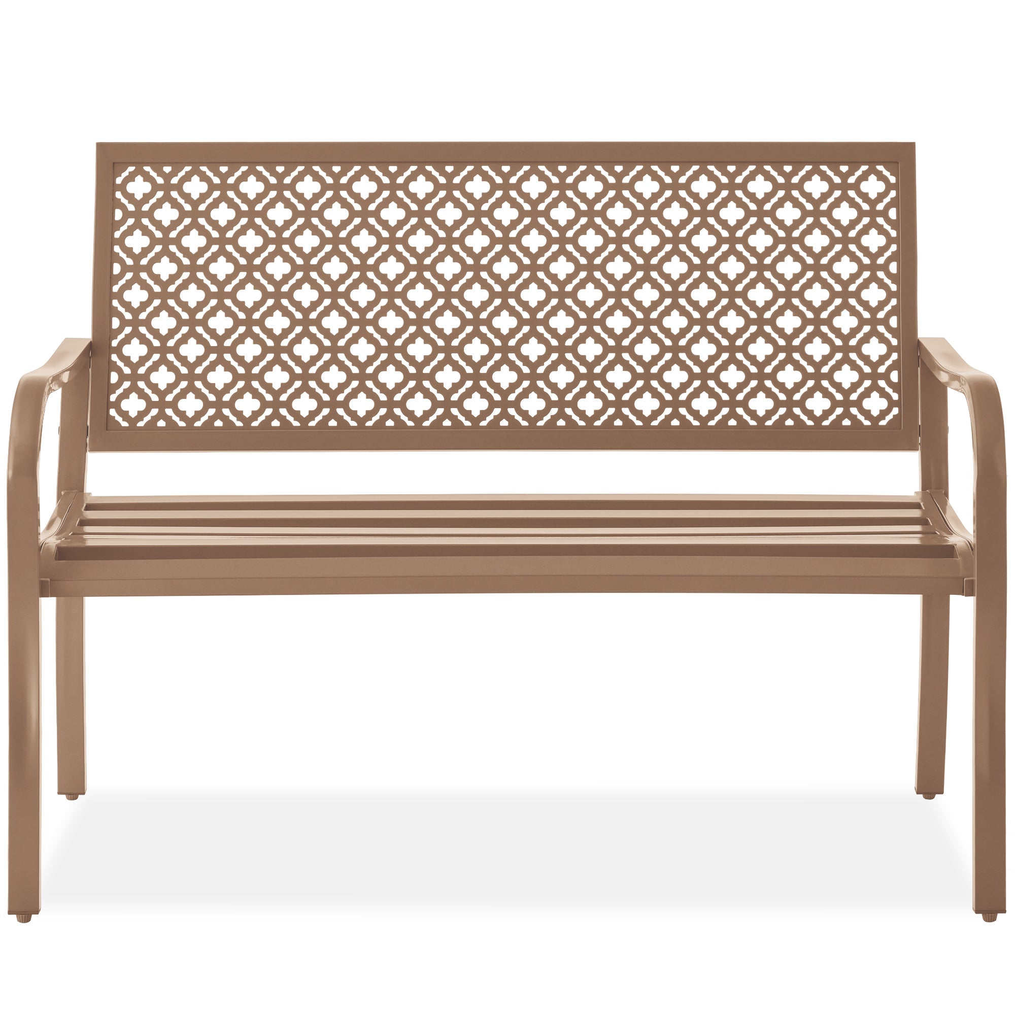 Indoor Outdoor Steel Bench w/ Geometric Backrest, Foot Levelers - Taupe
