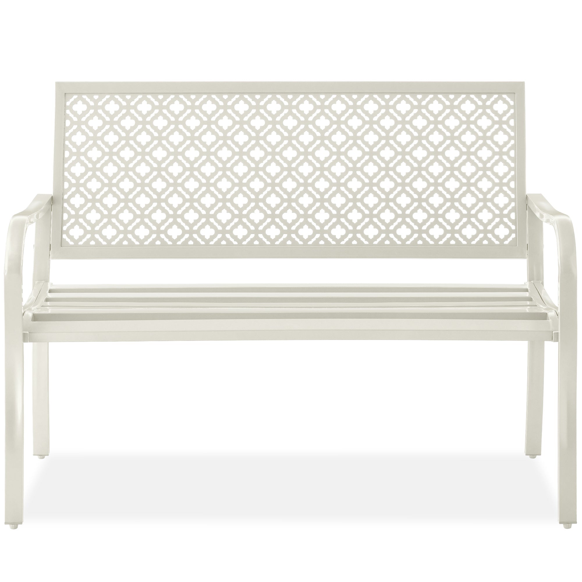 Indoor Outdoor Steel Bench w/ Geometric Backrest, Foot Levelers - Ivory
