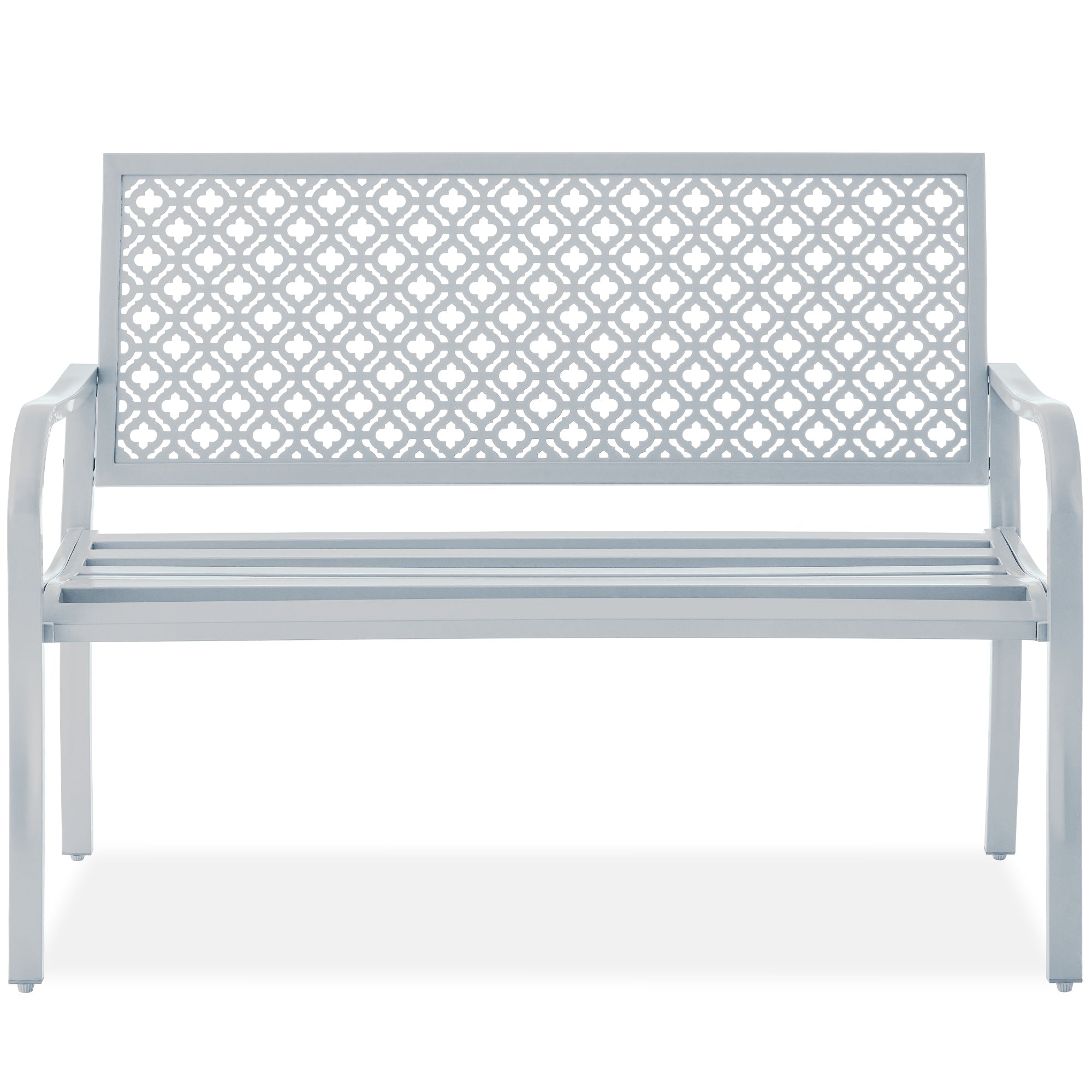 Indoor Outdoor Steel Bench w/ Geometric Backrest, Foot Levelers - Light Gray