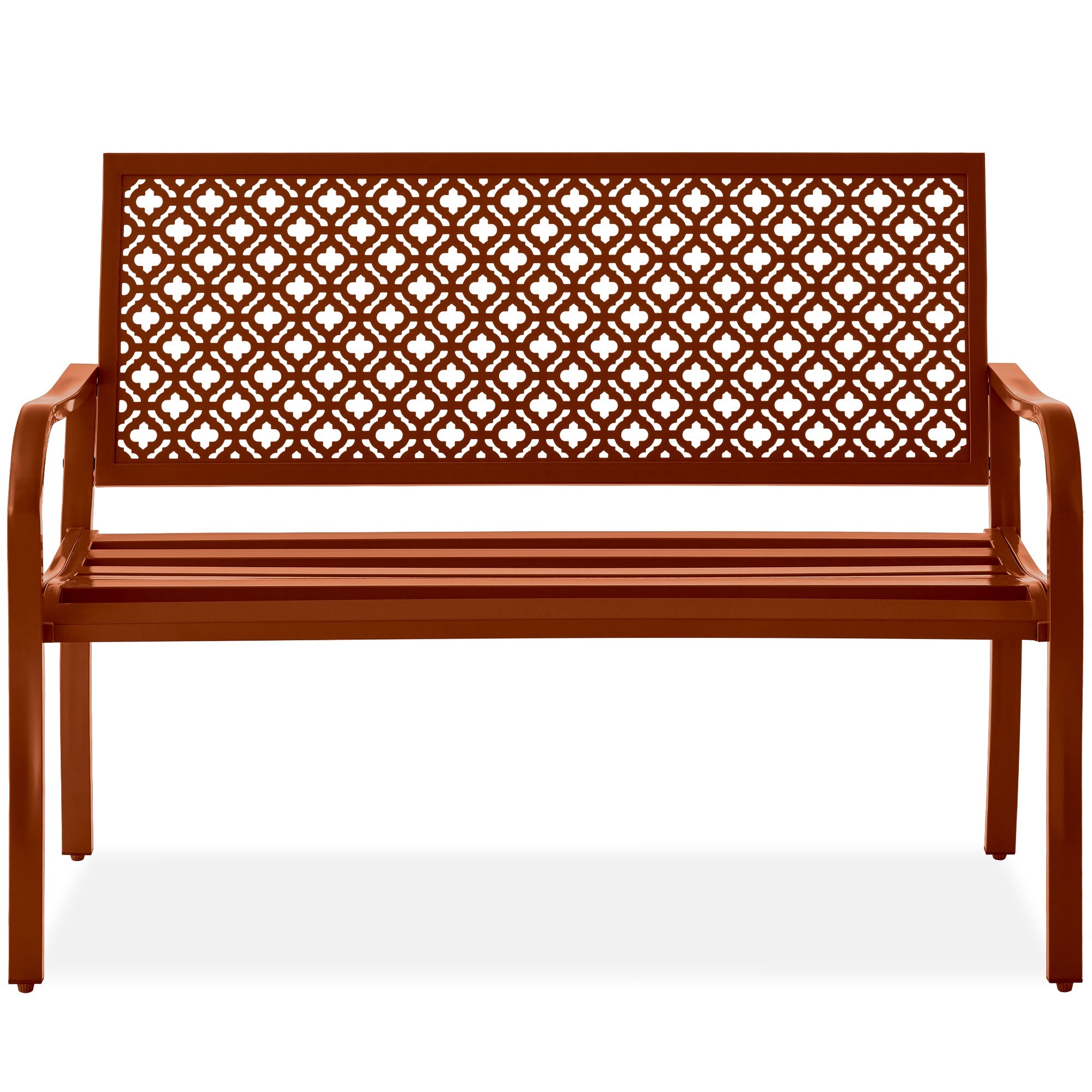 Indoor Outdoor Steel Bench w/ Geometric Backrest, Foot Levelers - Rust