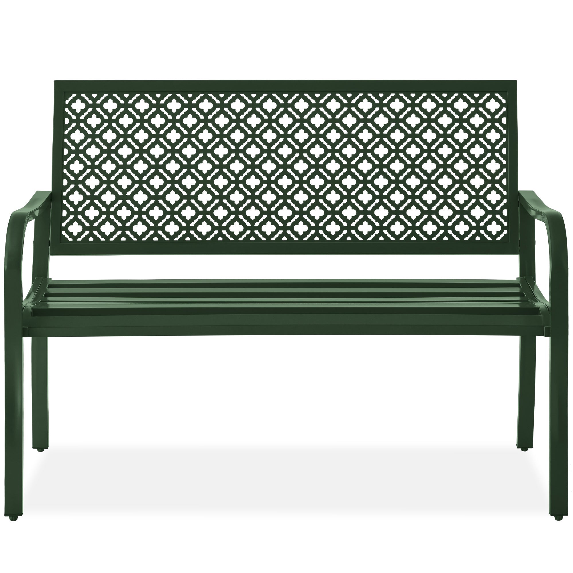 Indoor Outdoor Steel Bench w/ Geometric Backrest, Foot Levelers - Dark Green
