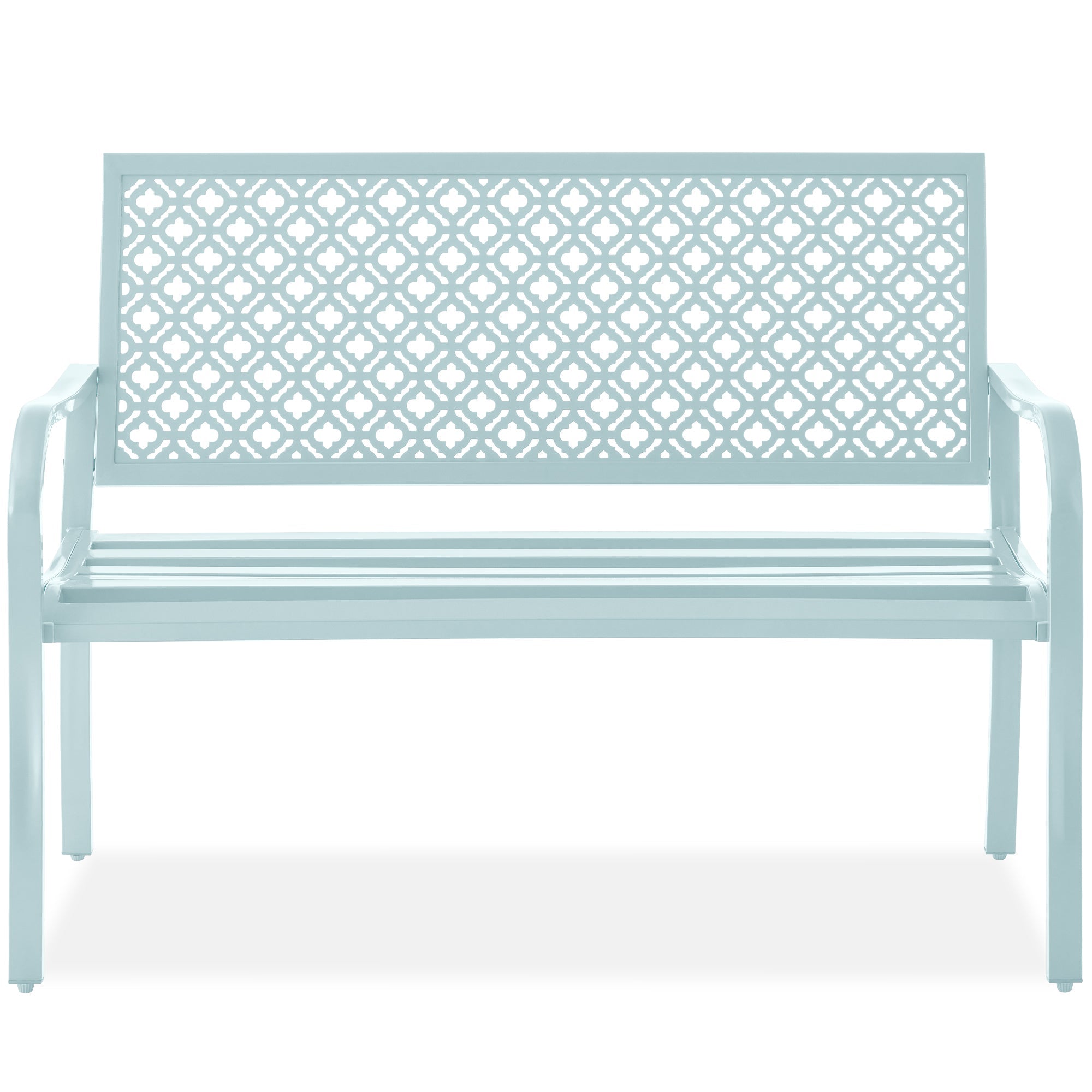 Indoor Outdoor Steel Bench w/ Geometric Backrest, Foot Levelers - Sky Blue