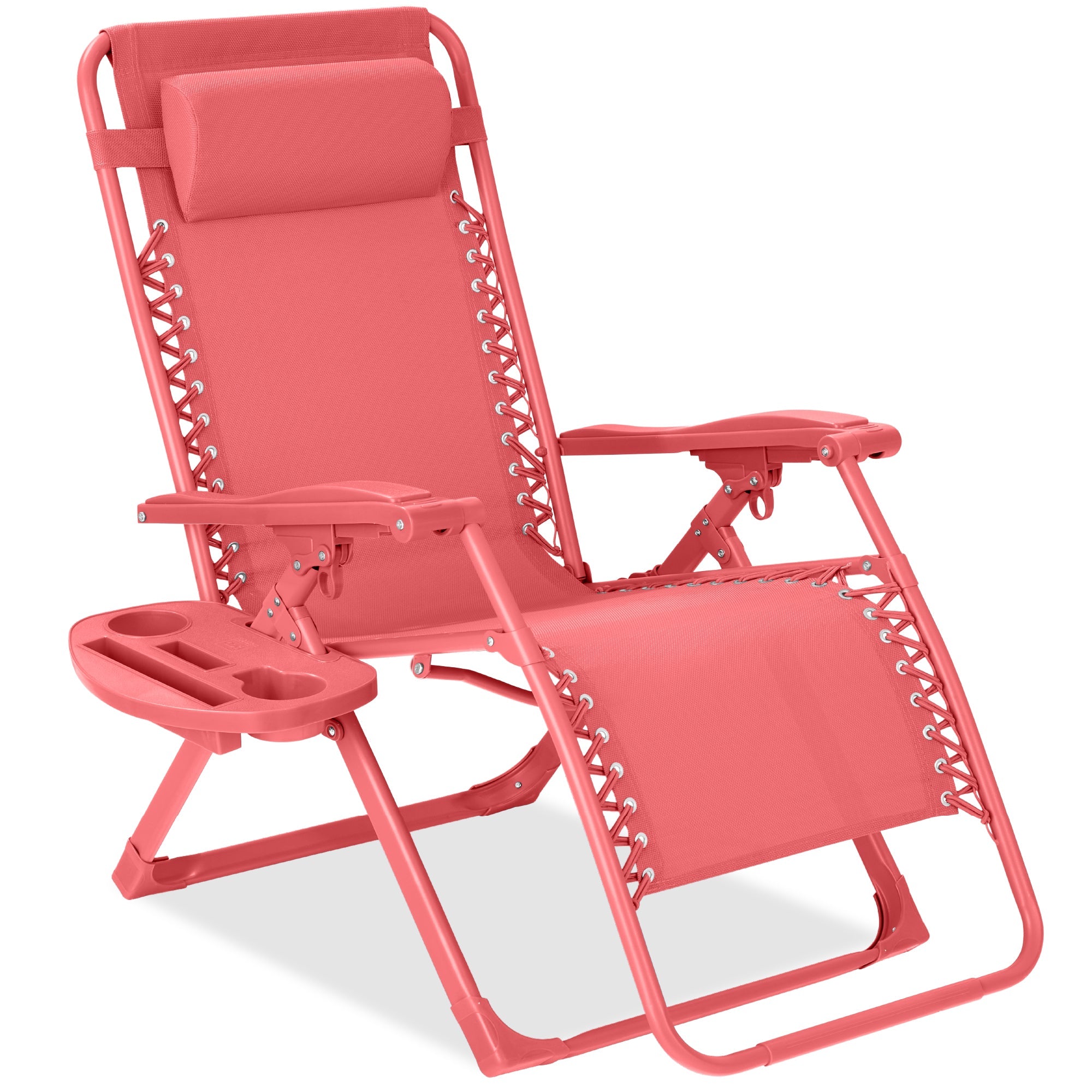 Monochromatic Zero Gravity Patio Chair Recliner w/ Side Tray, Headrest - Coral