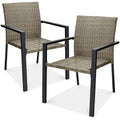 Set of 2 Stackable Wicker Chairs w/ Armrests, Steel Accent Furniture - Taupe