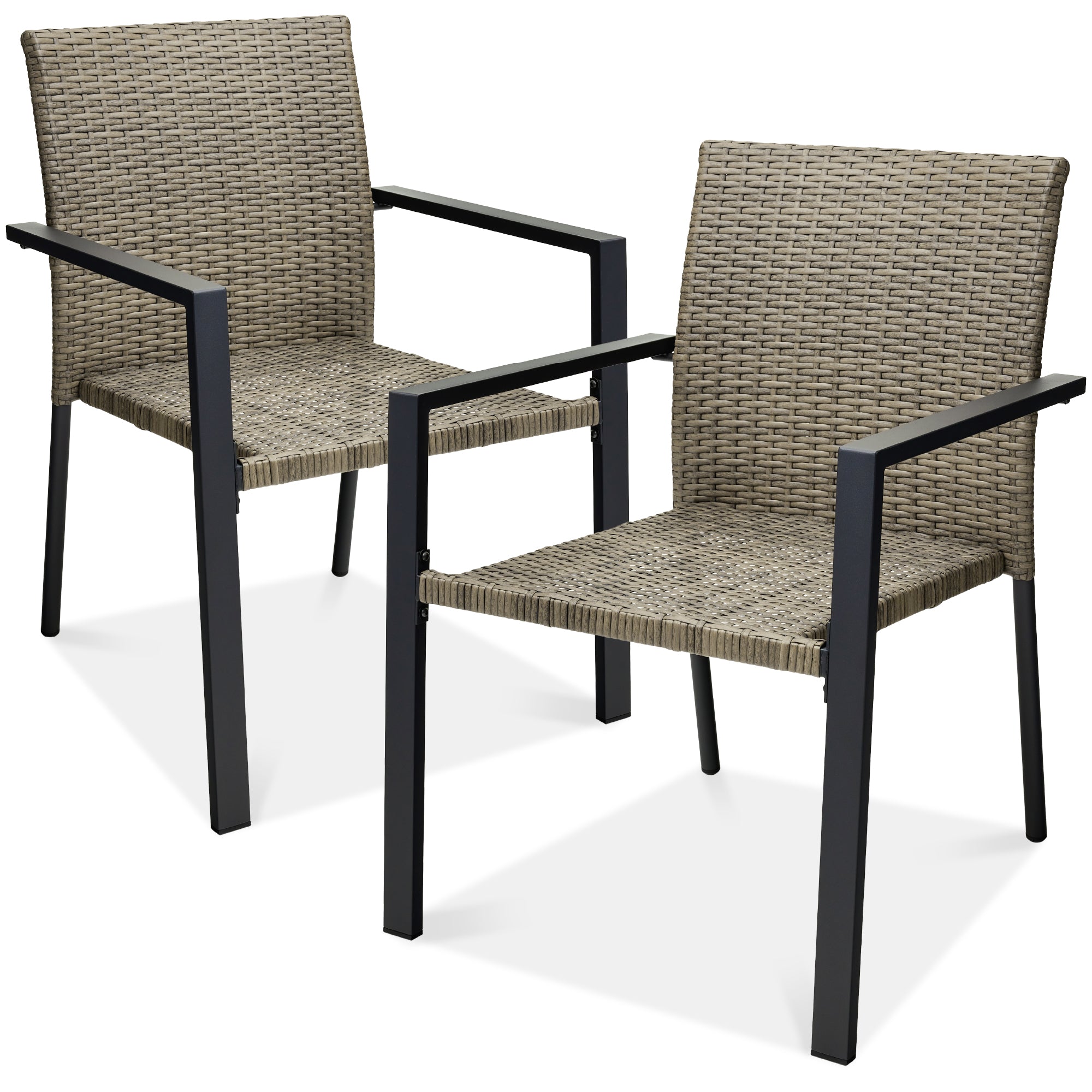 Set of 2 Stackable Wicker Chairs w/ Armrests, Steel Accent Furniture - Taupe