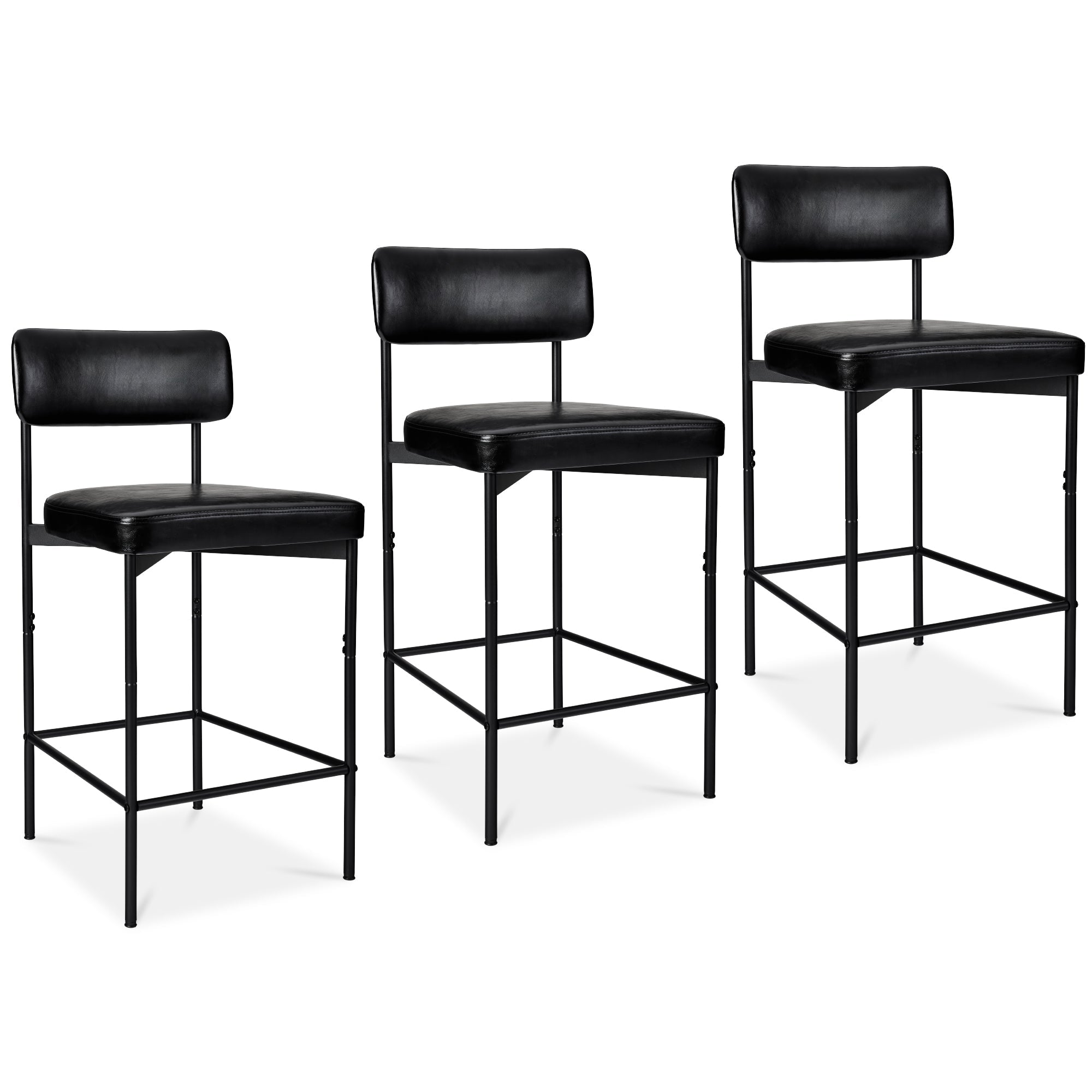 Set of 3 Armless Counter Height Bar Stools, Modern PU Faux Leather Stools - Midnight Black