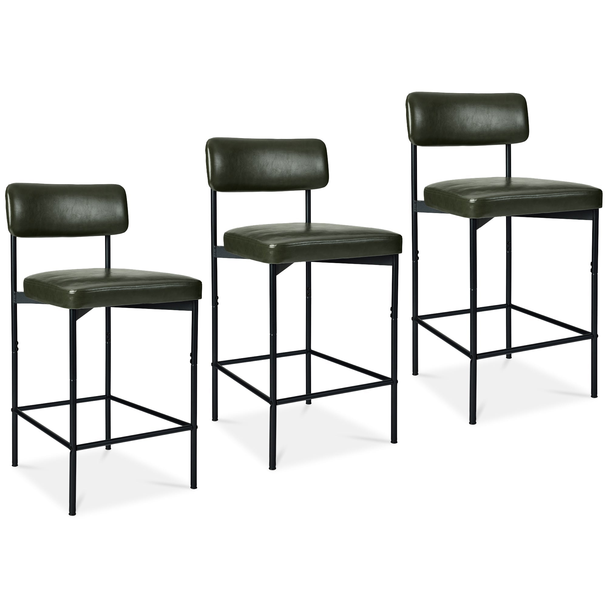 Set of 3 Armless Counter Height Bar Stools, Modern PU Faux Leather Stools - Moss Green