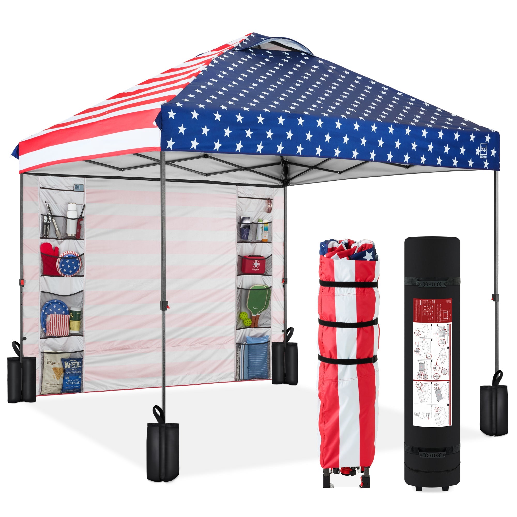 One-Person Setup Instant Pop Up Canopy w/ Side Wall, Carrying Case - 10x10ft - American Flag