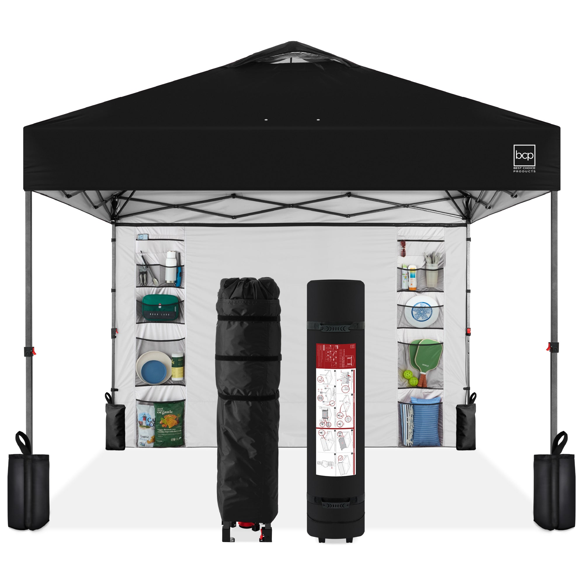 One-Person Setup Instant Pop Up Canopy w/ Side Wall, Carrying Case - 10x10ft - Black