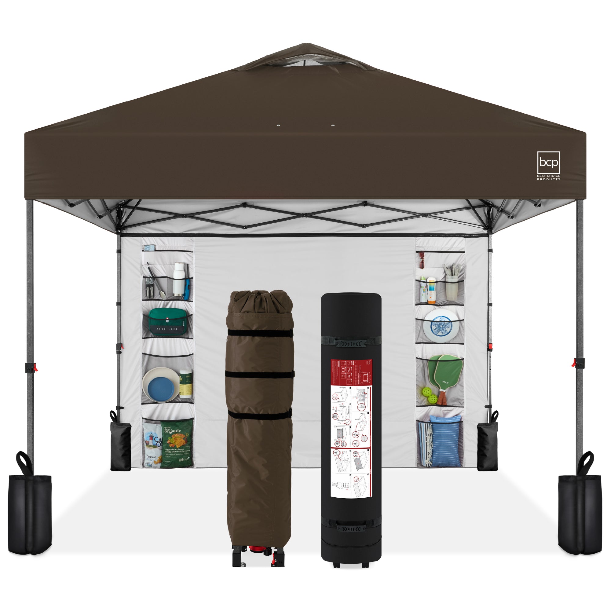 One-Person Setup Instant Pop Up Canopy w/ Side Wall, Carrying Case - 10x10ft - Brown