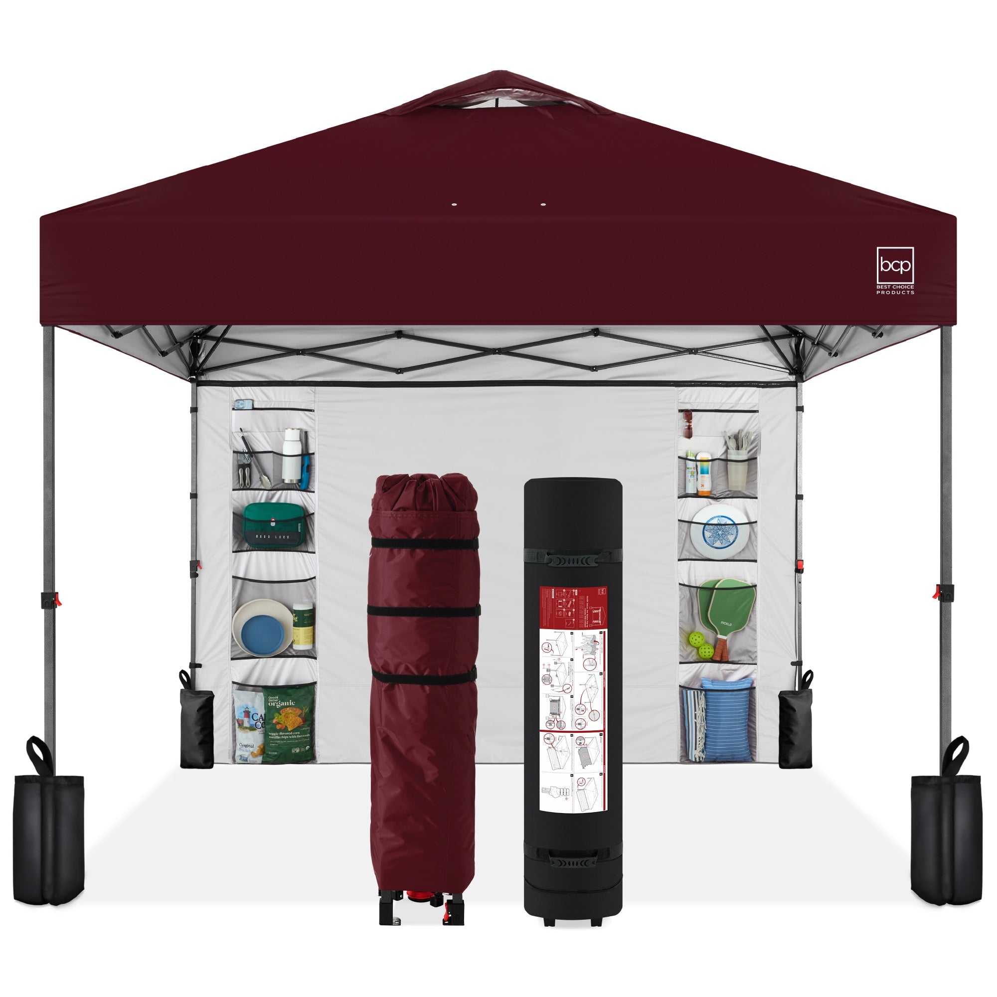One-Person Setup Instant Pop Up Canopy w/ Side Wall, Carrying Case - 10x10ft - Burgundy