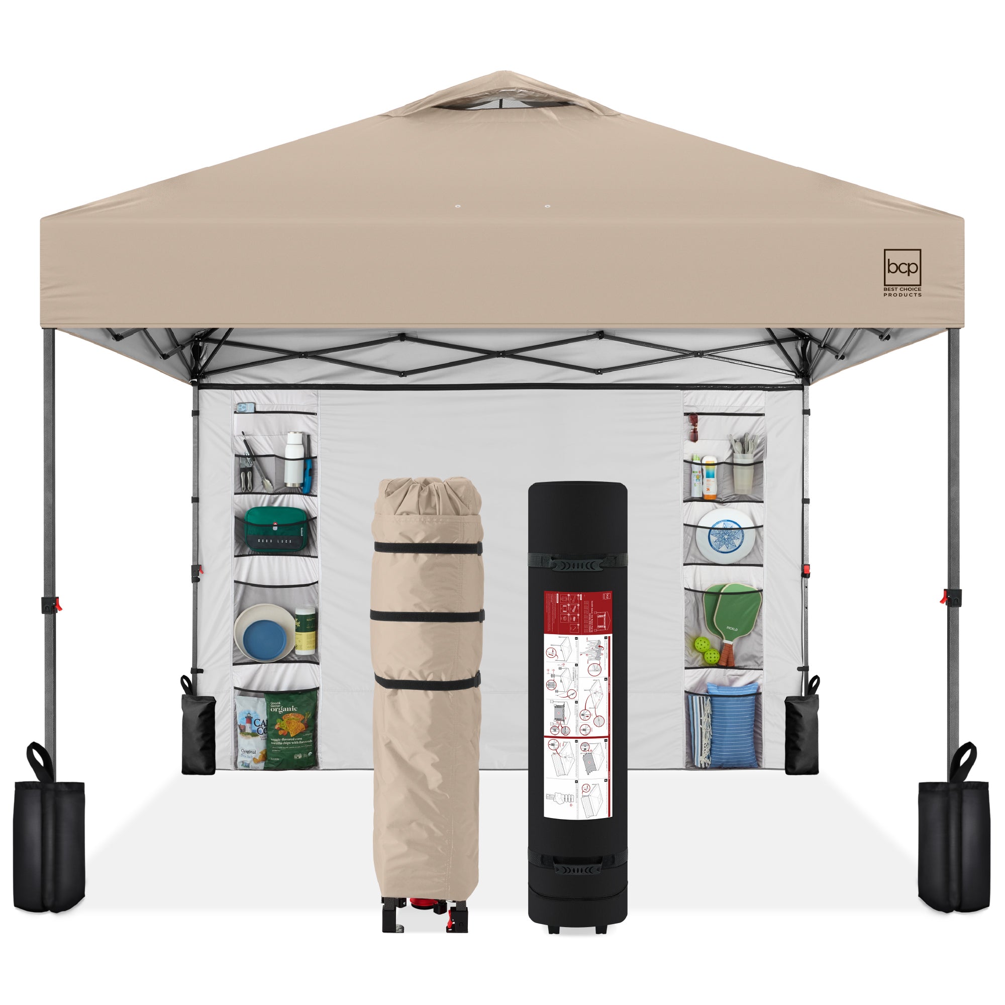 One-Person Setup Instant Pop Up Canopy w/ Side Wall, Carrying Case - 10x10ft - Sand