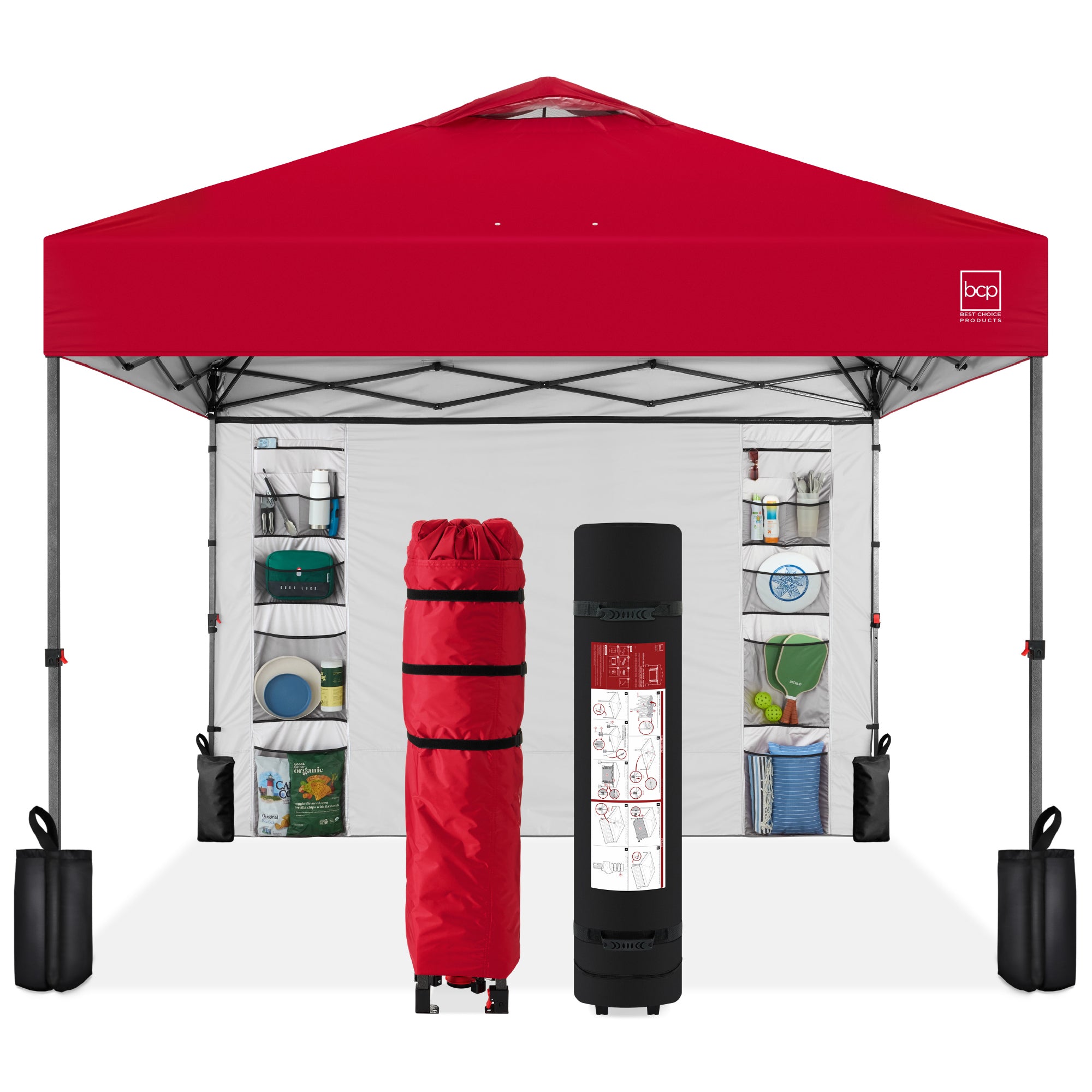 One-Person Setup Instant Pop Up Canopy w/ Side Wall, Carrying Case - 10x10ft - Red