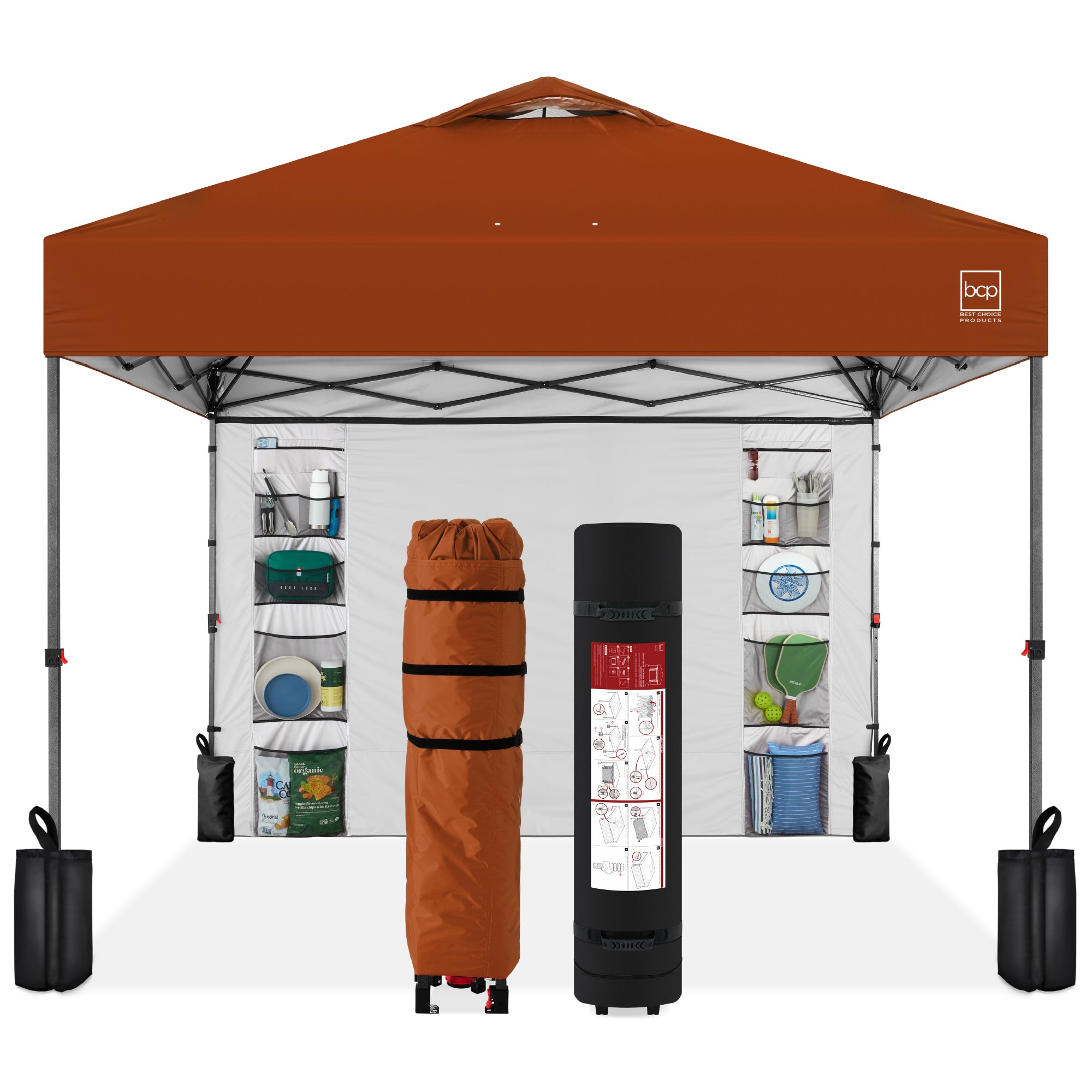 One-Person Setup Instant Pop Up Canopy w/ Side Wall, Carrying Case - 10x10ft - Rust