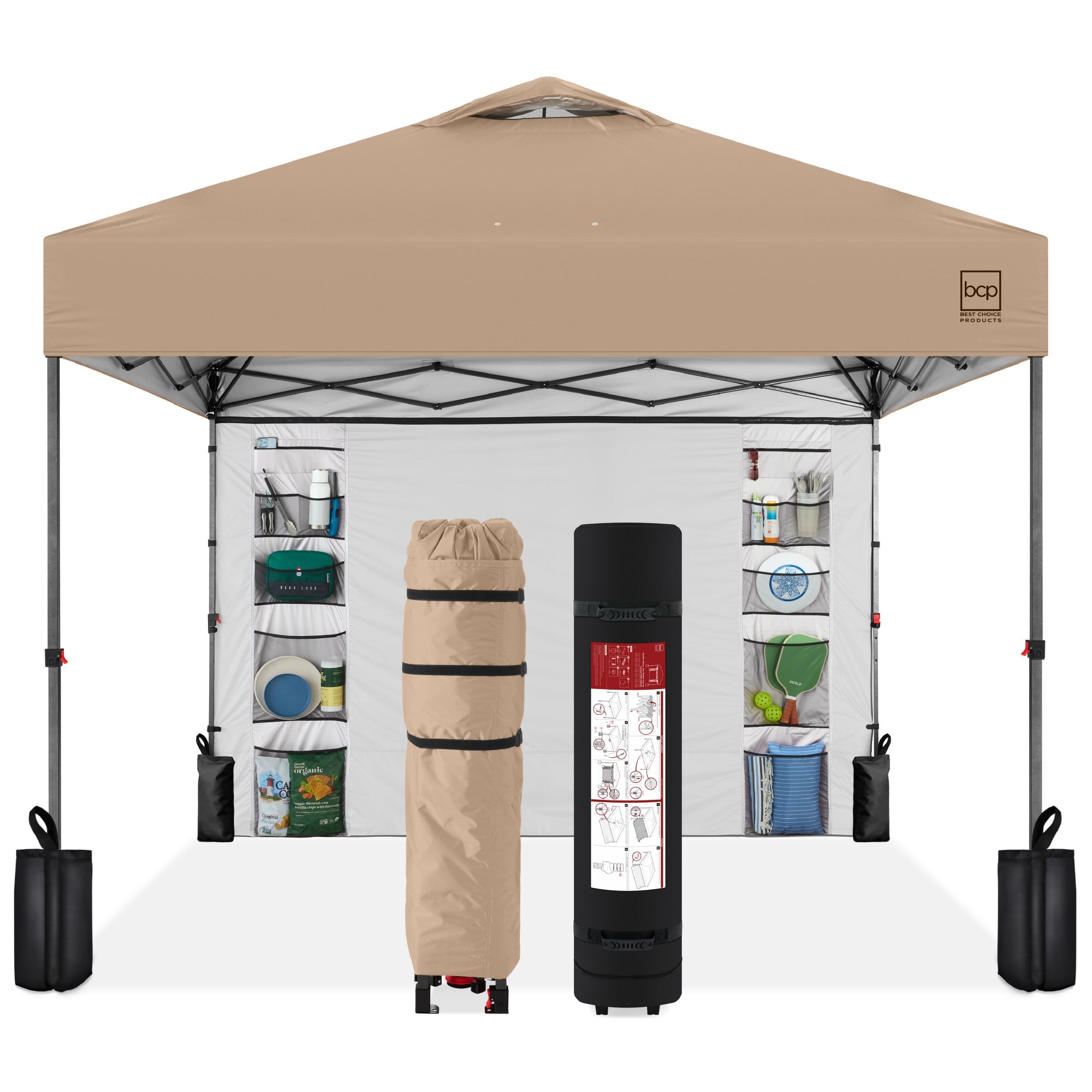 One-Person Setup Instant Pop Up Canopy w/ Side Wall, Carrying Case - 10x10ft - Tan