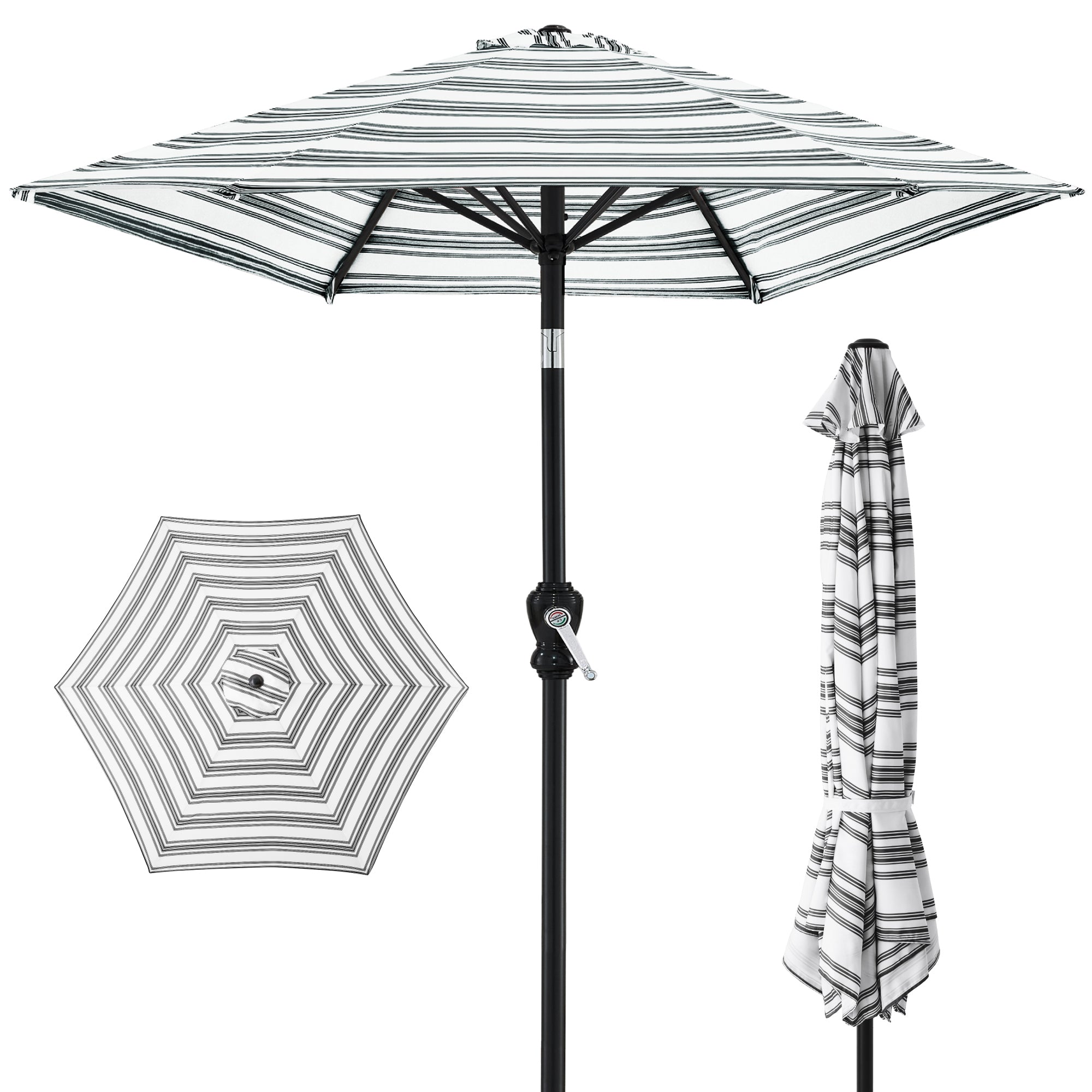 Outdoor Steel Striped Market Patio Umbrella w/ Tilt, Crank Lift - 10ft - Striped Black