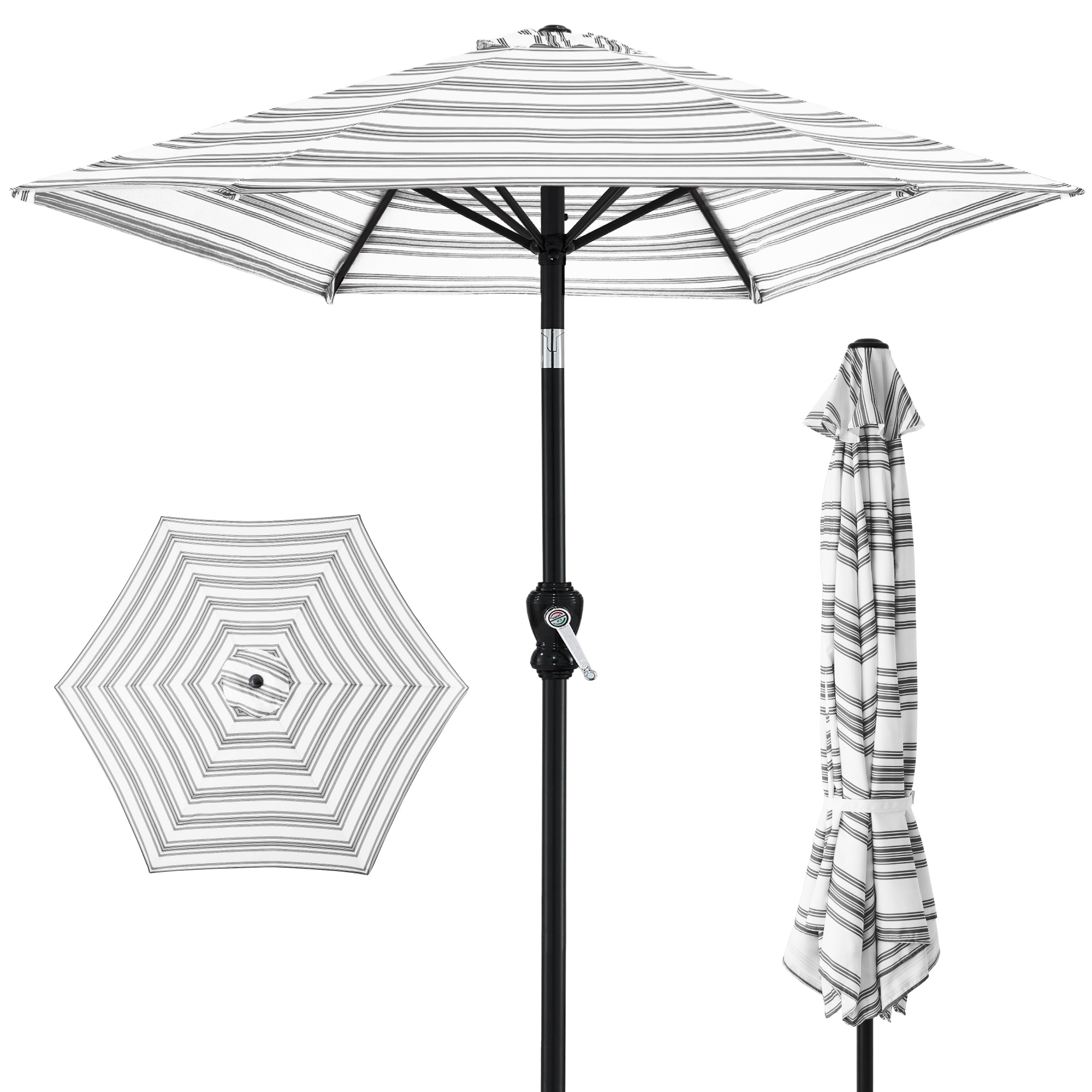 Outdoor Steel Striped Market Patio Umbrella w/ Tilt, Crank Lift - 10ft - Striped Gray