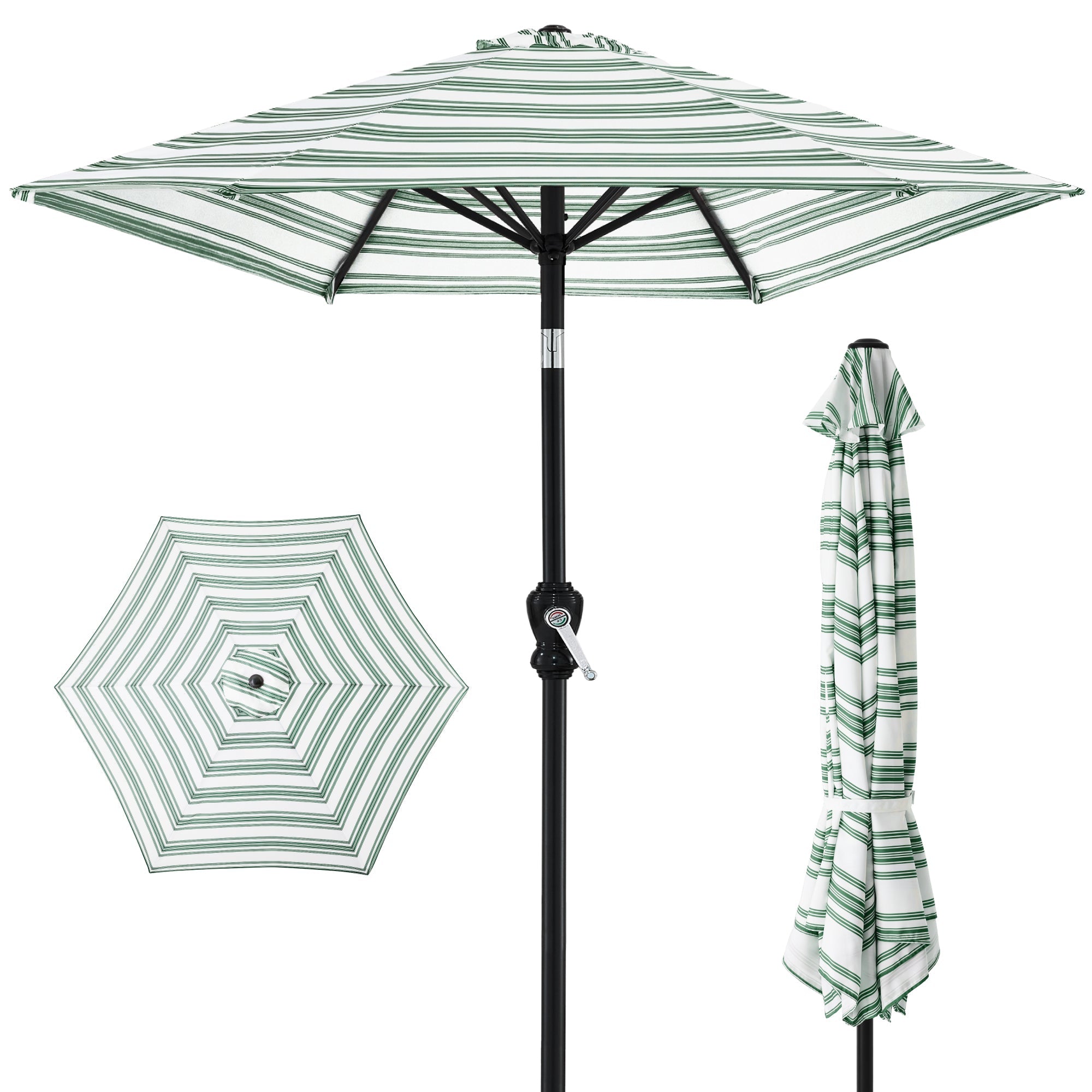 Outdoor Steel Striped Market Patio Umbrella w/ Tilt, Crank Lift - 10ft - Striped Green