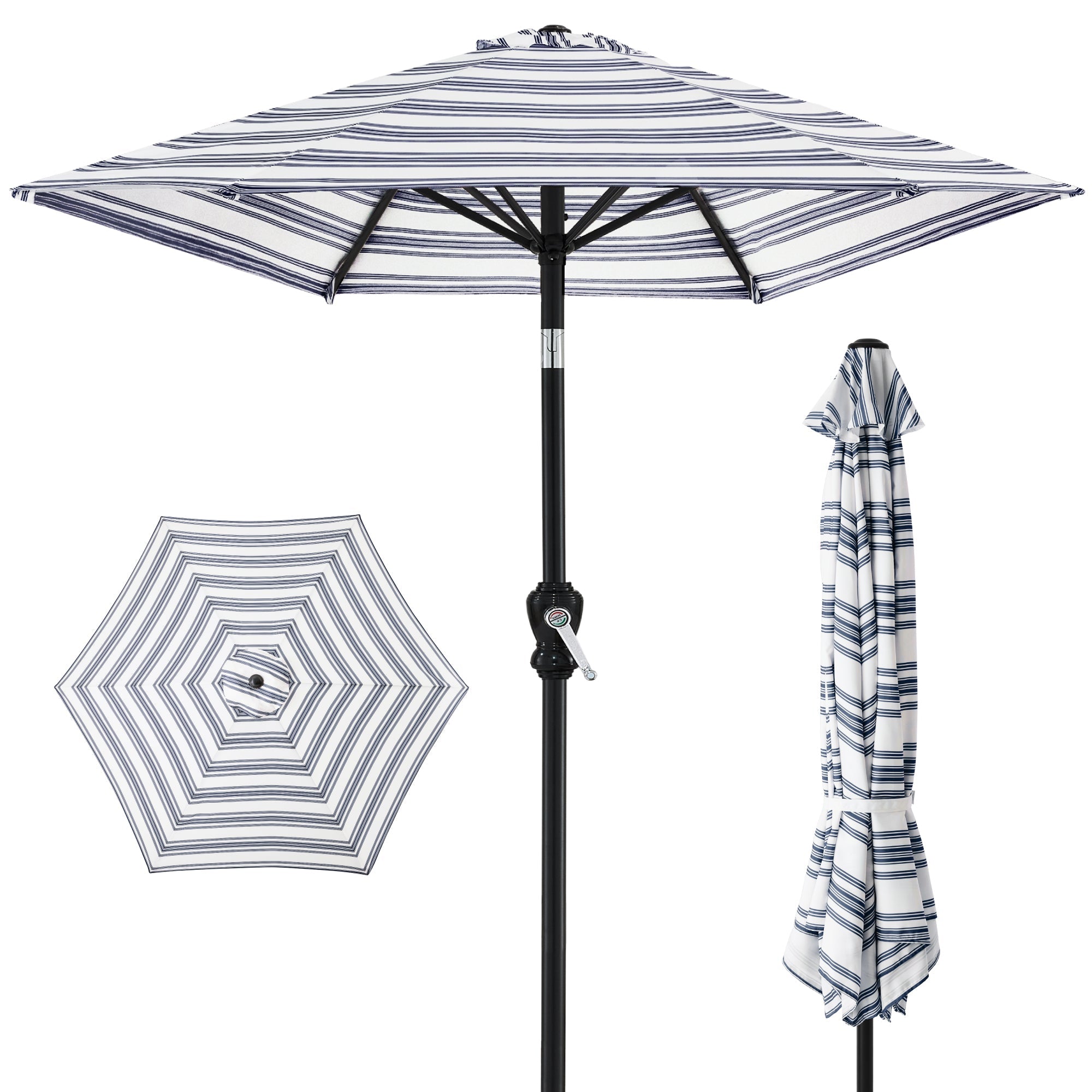 Outdoor Steel Striped Market Patio Umbrella w/ Tilt, Crank Lift - 10ft - Striped Navy Blue