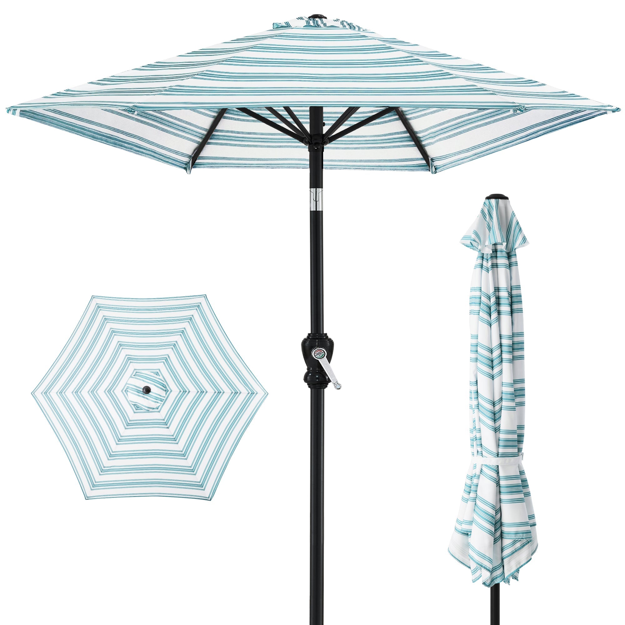 Outdoor Steel Striped Market Patio Umbrella w/ Tilt, Crank Lift - 10ft - Striped Sky Blue