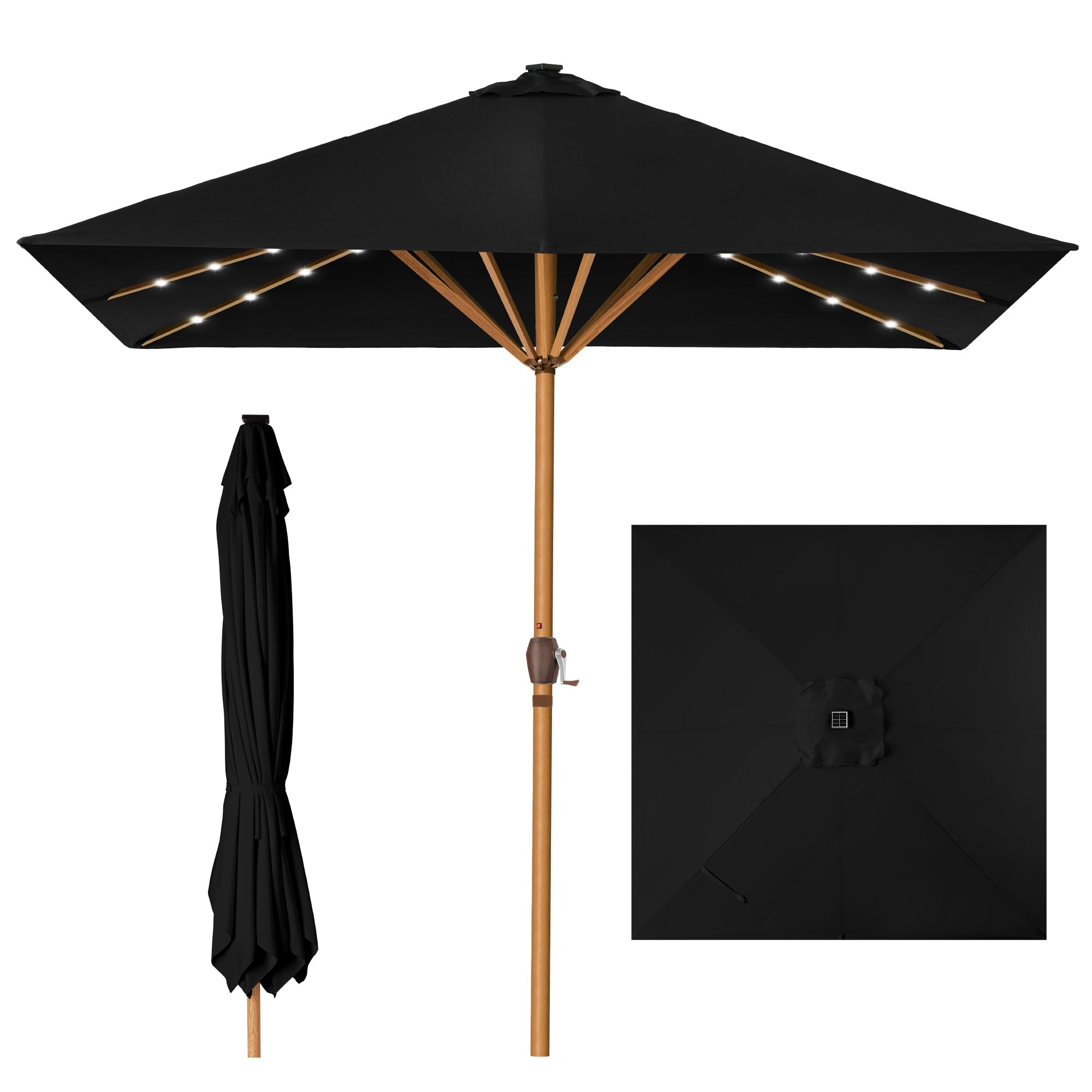 Square Solar LED Lighted Patio Umbrella w/ Woodgrain Pattern - 9ft - Black