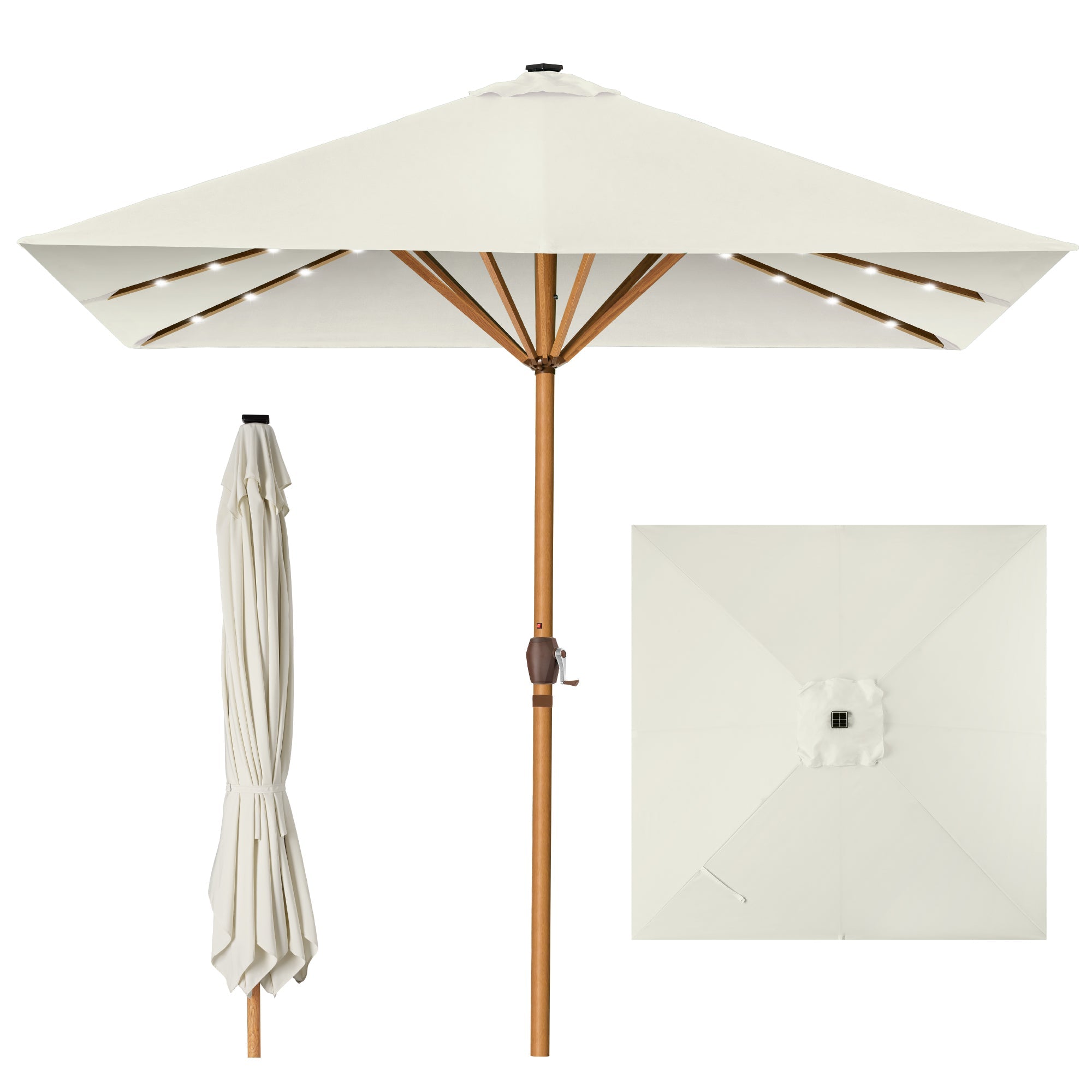 Square Solar LED Lighted Patio Umbrella w/ Woodgrain Pattern - 9ft - Ivory